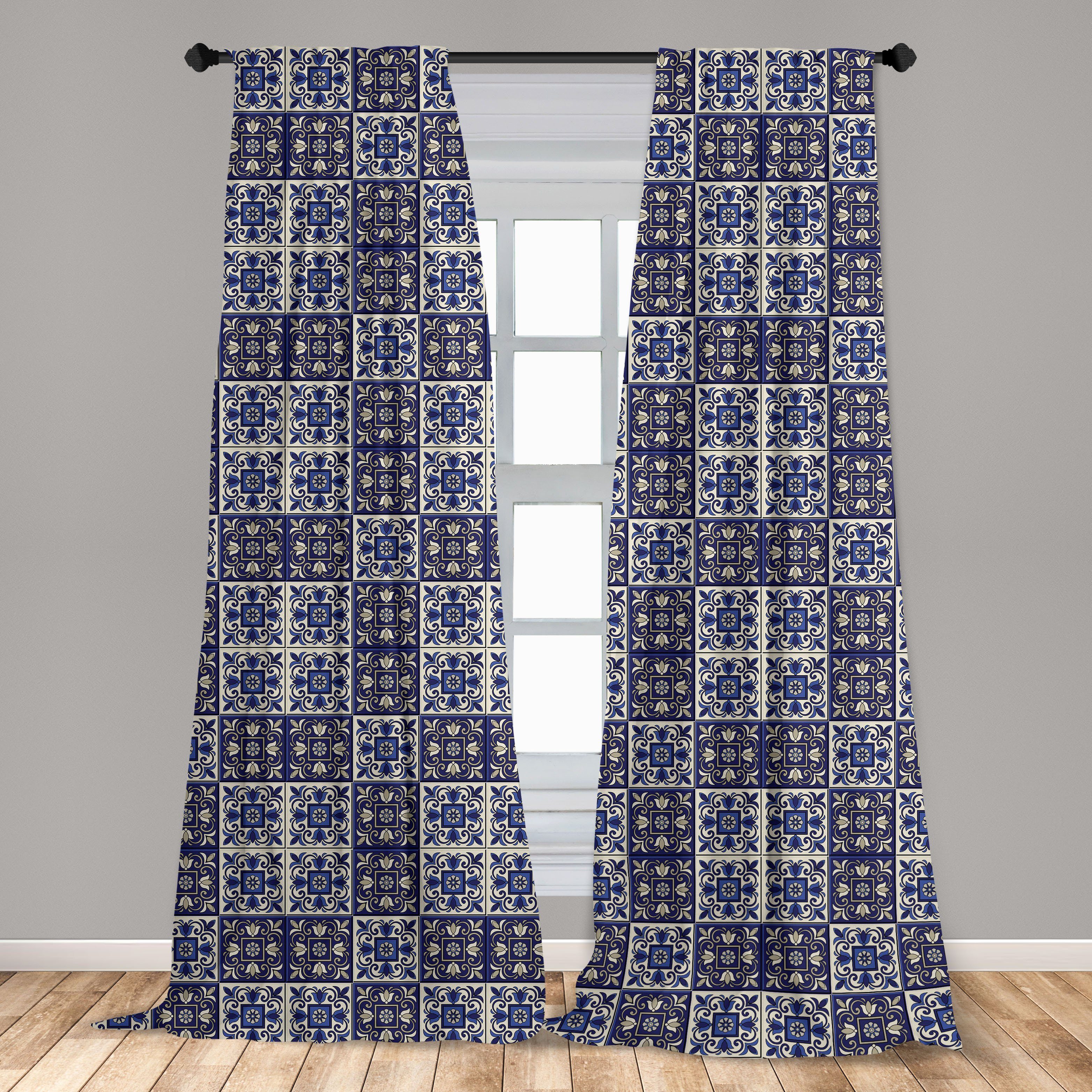 Gardine Vorhang für Wohnzimmer Schlafzimmer marokkanisch Dekor, Squares Abakuhaus, Azulejos Microfaser