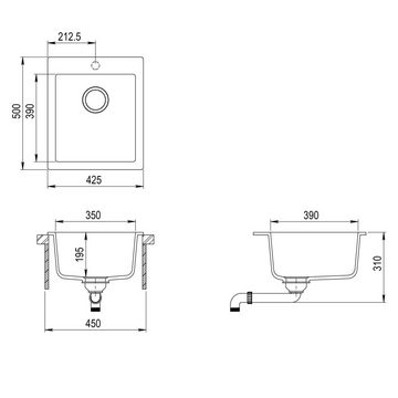 GURARI Küchenspüle SQS 100 -601 Retro, Einbau Granitspüle, Spüle Retro Schwarz / Gold Design, 425x500