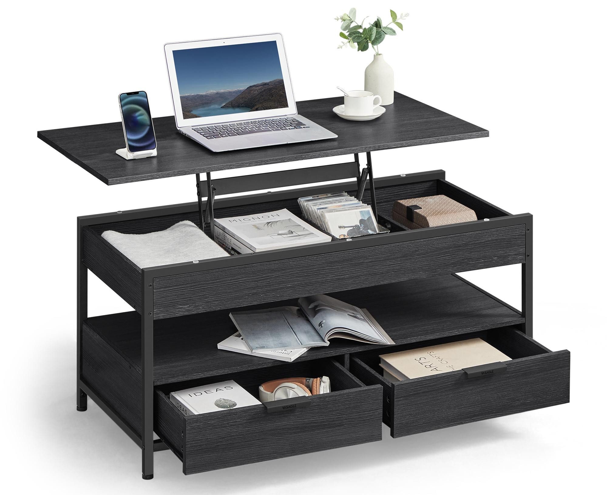 VASAGLE Couchtisch, höhenverstellbar, mit Schubladen, 50 x 100 x (48-63) cm
