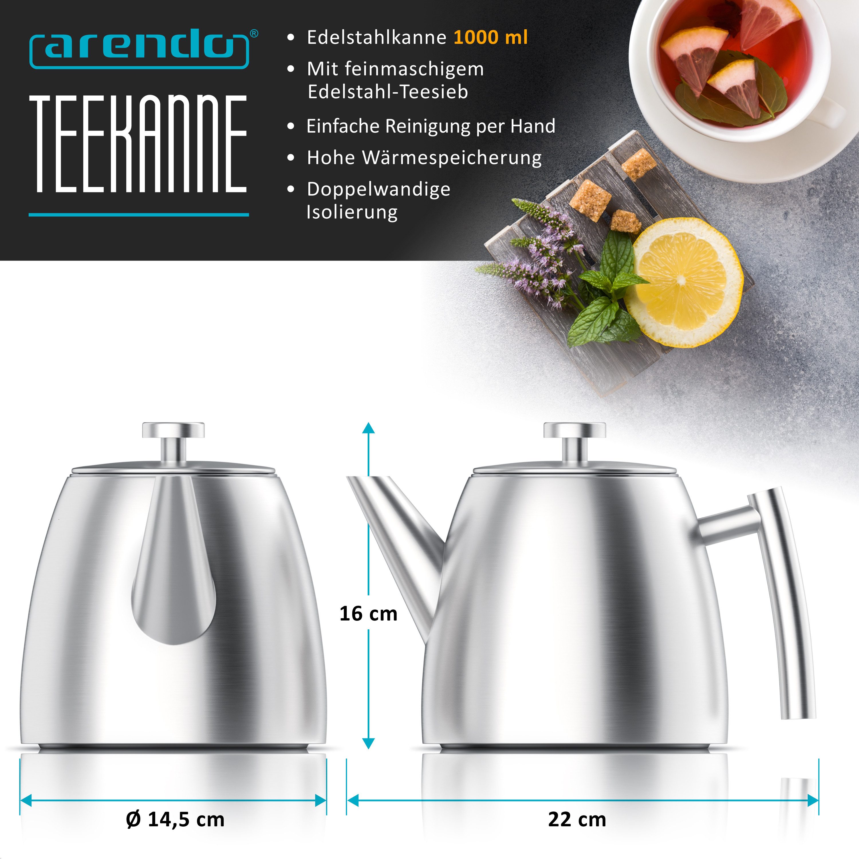 Arendo Teekanne Edelstahl, Siebeinsatz, 1000 ml, mit Griff aus Metall, Isolierkanne, 1 l, (Set, 2-St), Doppelwandige Thermo Isolierung, Kanne mit Teesieb für losen Tee