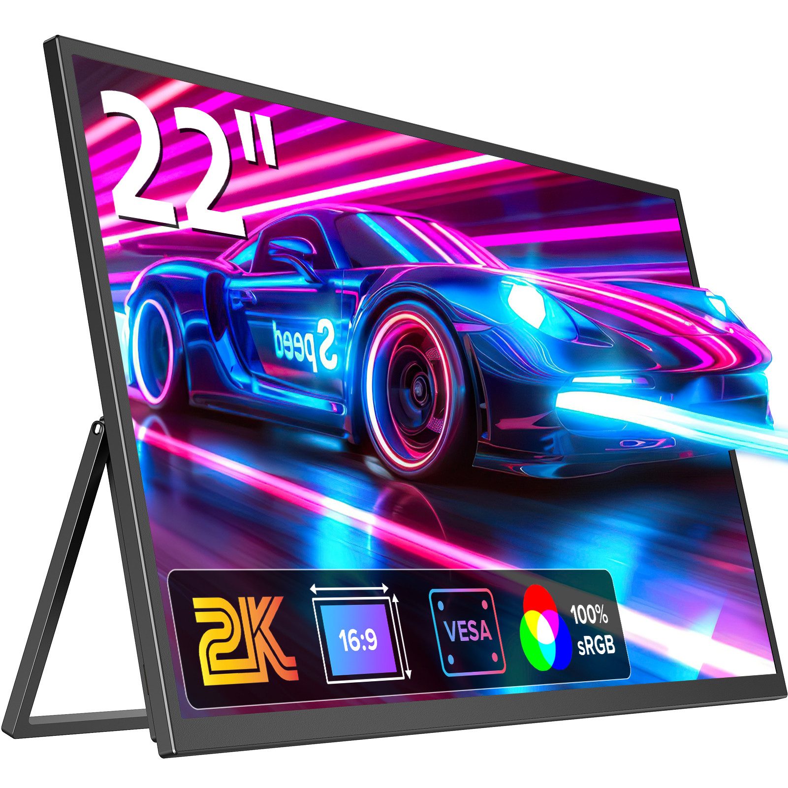 UPERFECT Tragbarer 22-Zoll-2K-Monitor, IPS-Bildschirm Portabler Monitor (55,88 cm/22 ", 2560x1440 px, 2k, 20 ms Reaktionszeit, 60 Hz, IPS, Mini-HDMI, USB-C, VESA, für PC, Laptop, Handy, Xbox, Switch)