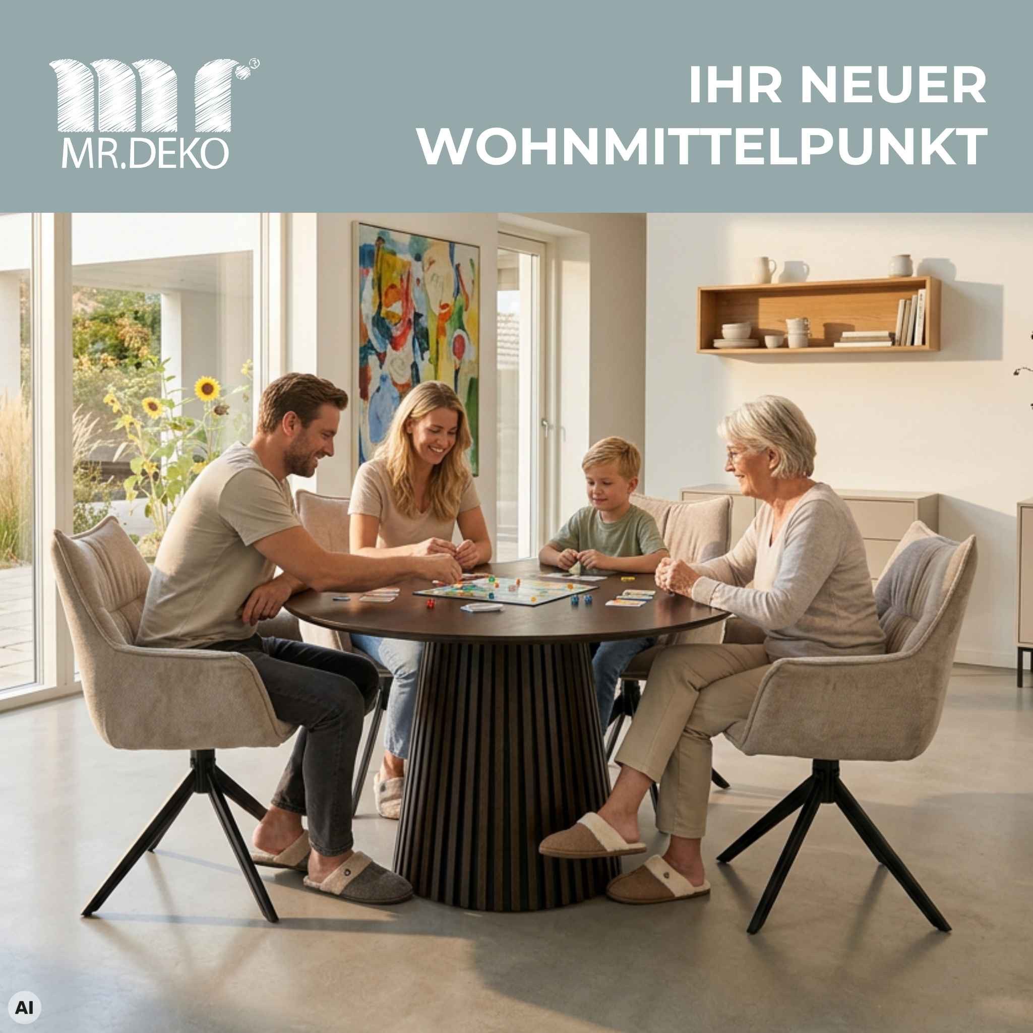 MR.DEKO Esstisch Diningtisch Esszimmertisch Barletta Smoked Oak rund 120 cm FSC®100%, Runde Tischplatte aus Eiche, Gestell Lamellenoptik, Esszimmer – Bild 2 von 5