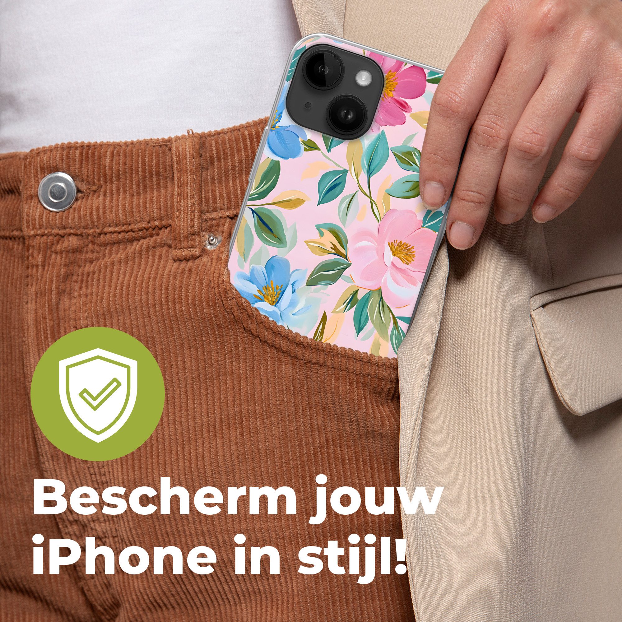 MuchoWow Handyhülle für Apple iPhone 14 Blau - Rosa - Blumen, Smartphone-Bumper, Print, Handy Schutzhülle Dünn