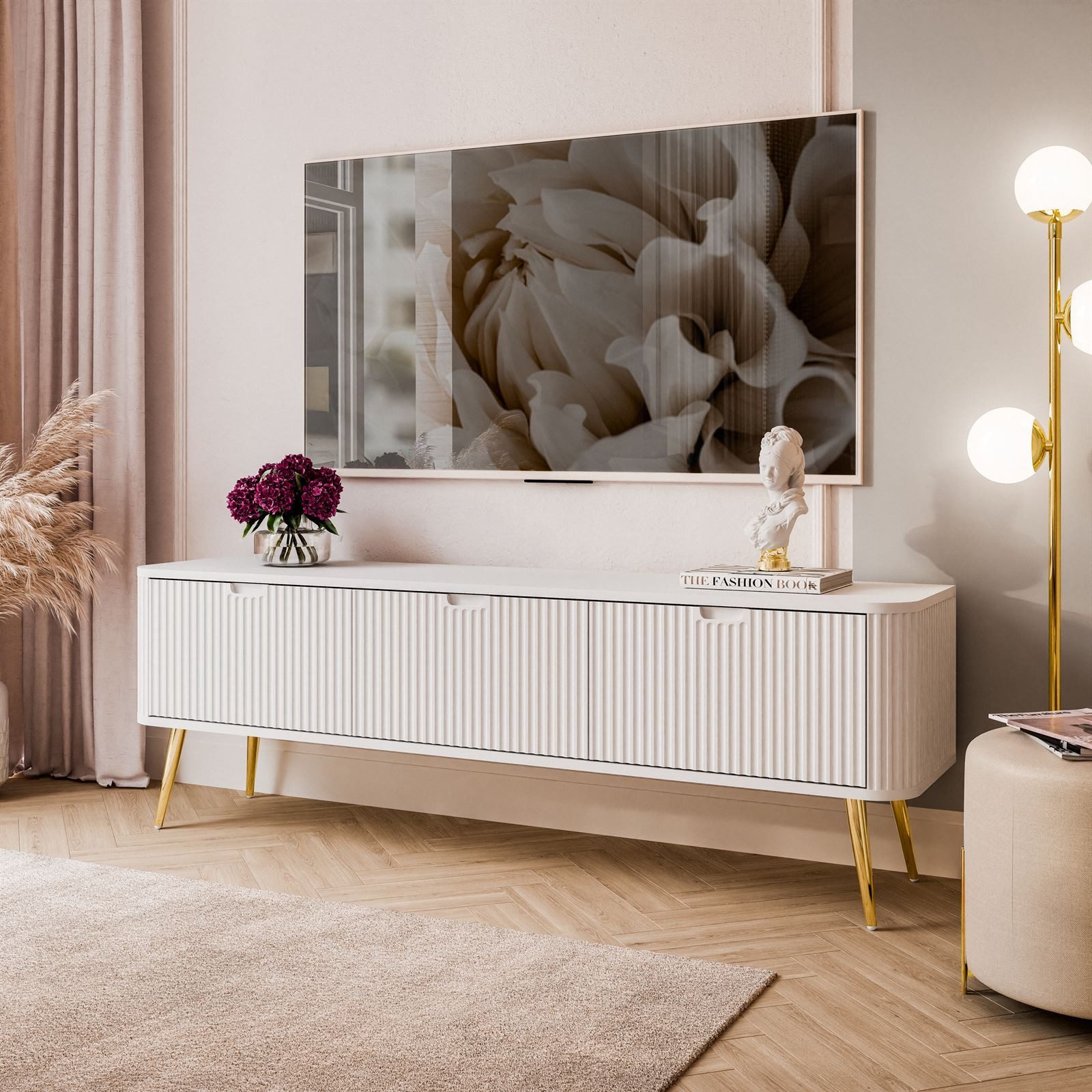 ALLHOUSE24 Lowboard CAREEN 168 cm Geriffelte Fronten TV Schrank Metallfüße Unterschrank (1x TV Schrank), Breite 168 cm