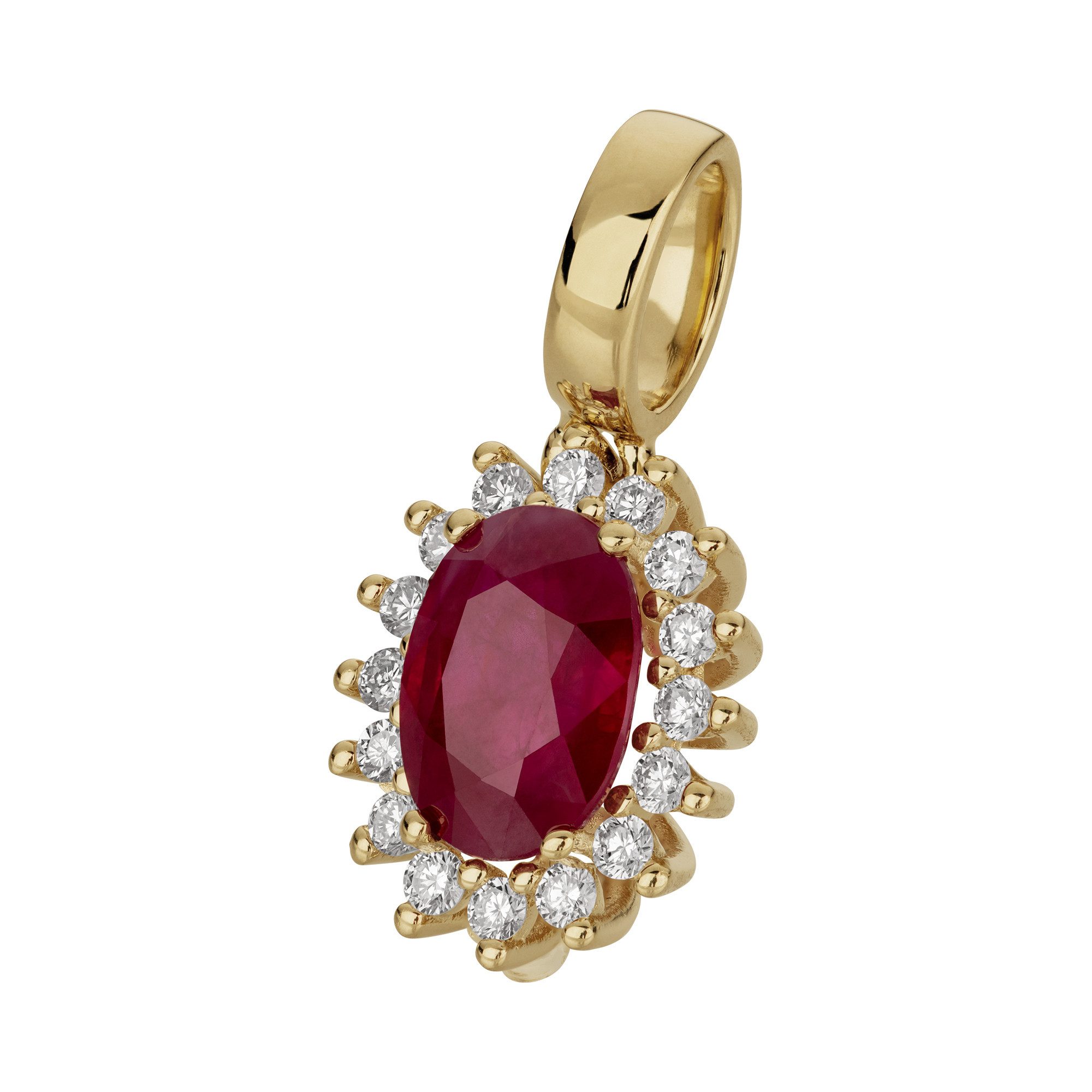Kettenanhänger 585 Gold mit 16x Brillant zus. 0,16ct. + 12mm Rubin 1ct.