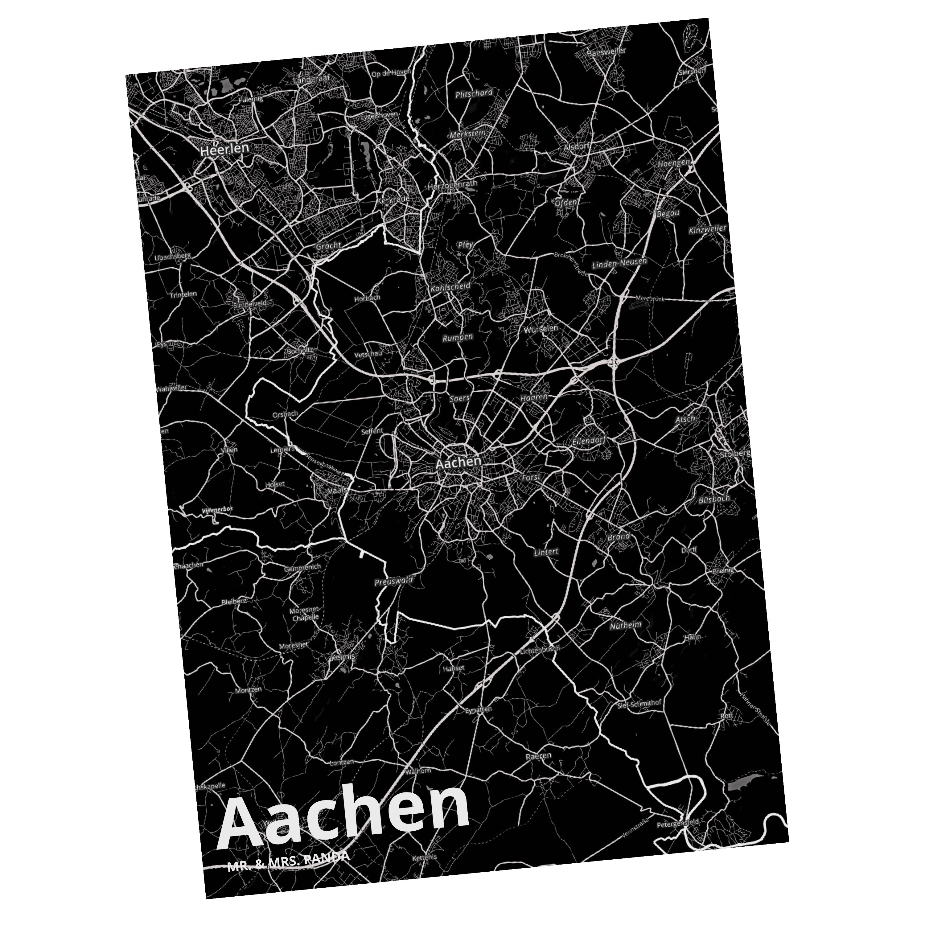 Mr. & Mrs. Panda Postkarte Stad Aachen Dorf Map - Stadt Ansichtskarte, Karte Geschenk, Landkarte