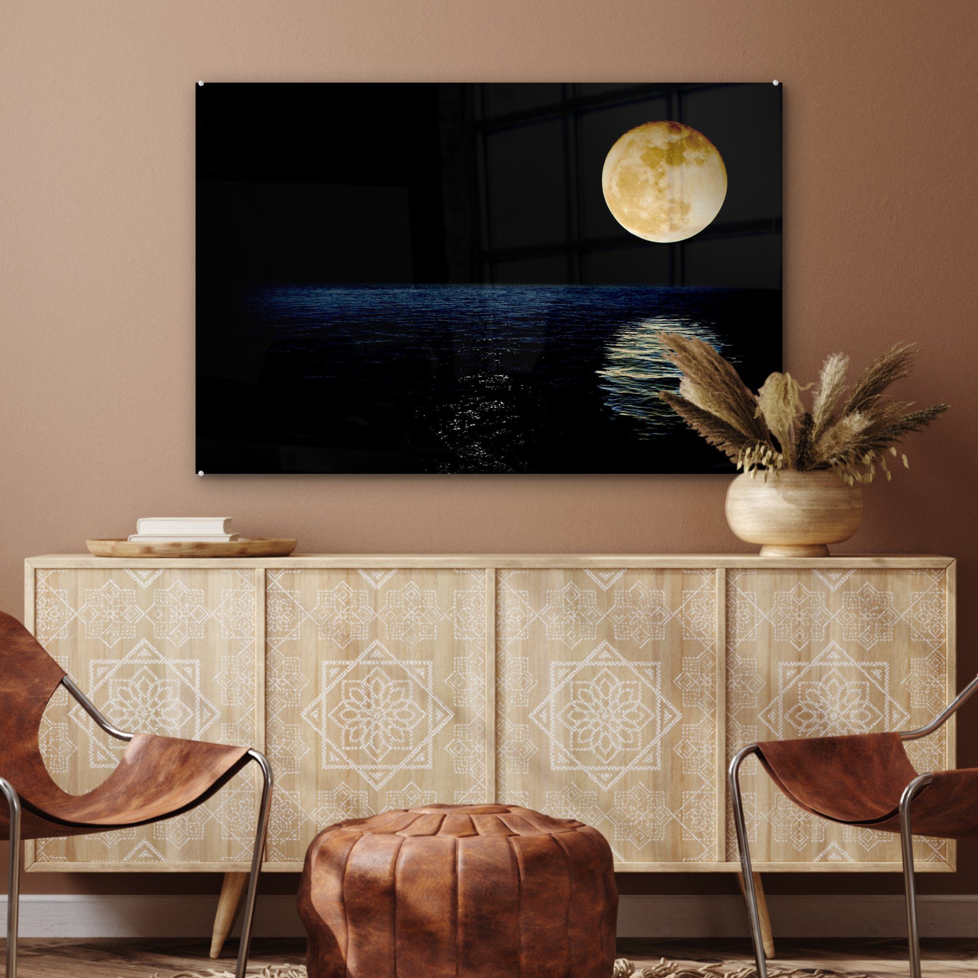 Nacht, Schlafzimmer St), (1 Mond - & Wohnzimmer MuchoWow Acrylglasbild Acrylglasbilder Meer -