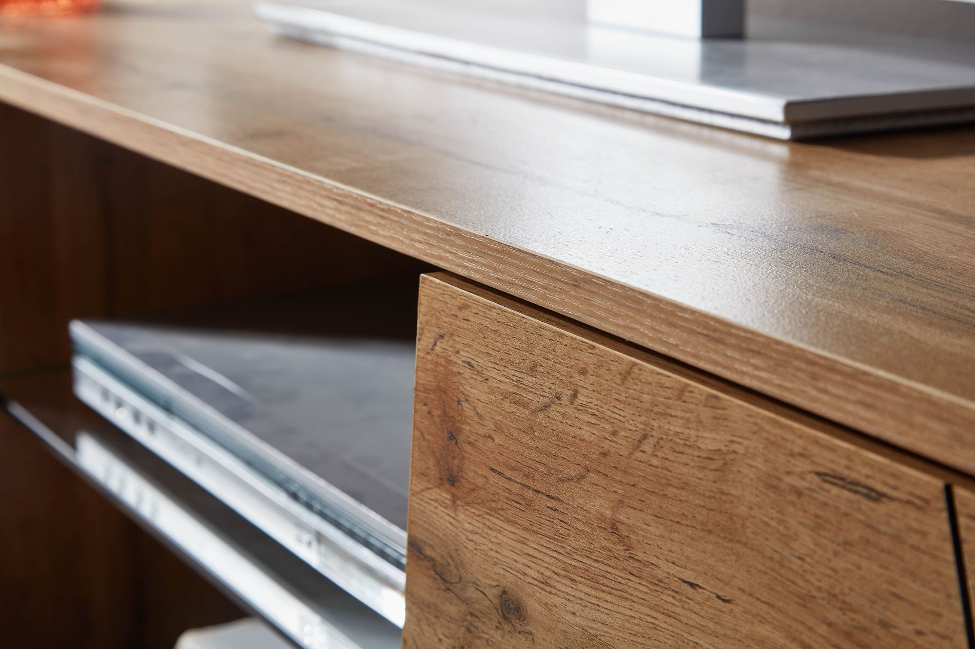 FineBuy Lowboard Holz Eiche-Dekor 160x50x40 cm TV-Kommode mit zwei Türen, Design TV-Schrank Hoch, Fernsehtisch Fernsehschrank Modern, Fernsehkommode Wohnzimmer – Bild 4 von 5