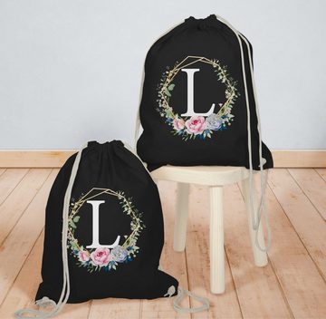 Shirtracer Turnbeutel Blumenkranz mit Buchstabe L, Geschenk Taschen Initialen Shopper Baumwolle