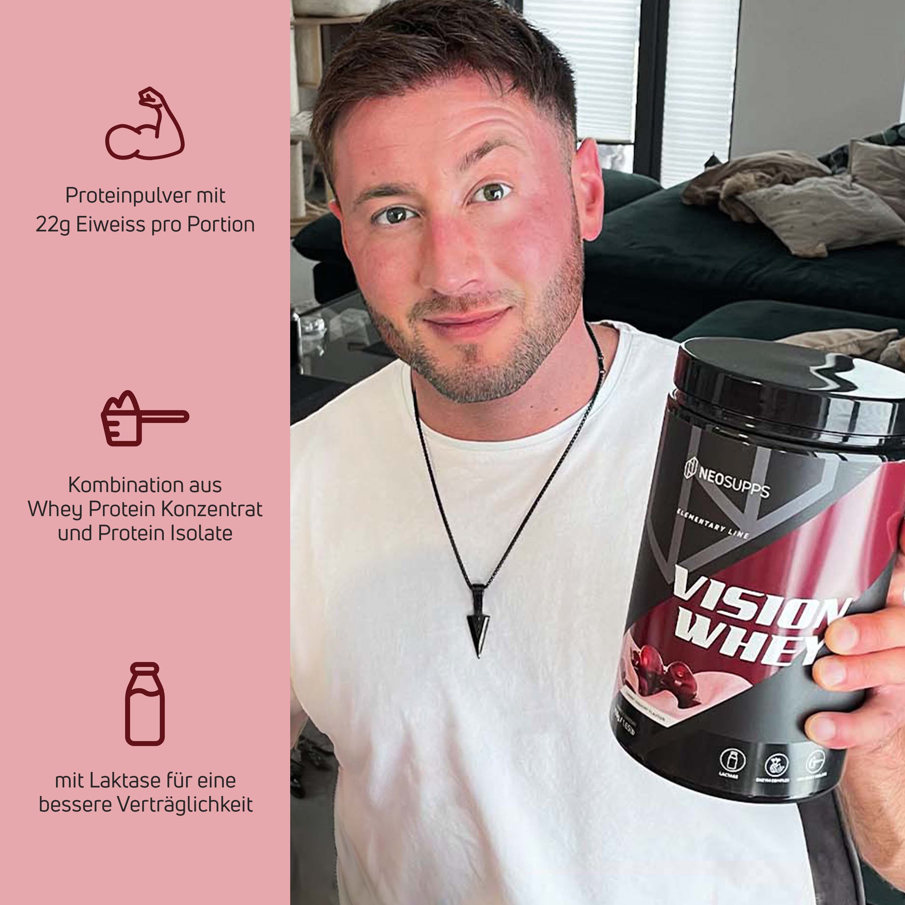 Neosupps Whey Protein Pulver Cherry Yoghurt 750g, Proteinpulver, Proteinshake Pulver, 750 g, Protein zum Muskelaufbau mit geprüfter Qualität, Made in Germany – Bild 2 von 5