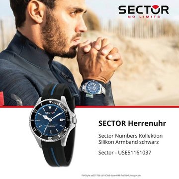 Sector Quarzuhr Sector Herren Armbanduhr Analog, Herren Armbanduhr eckig (ca. 45x38mm), Silikonarmband schwarz, Casual