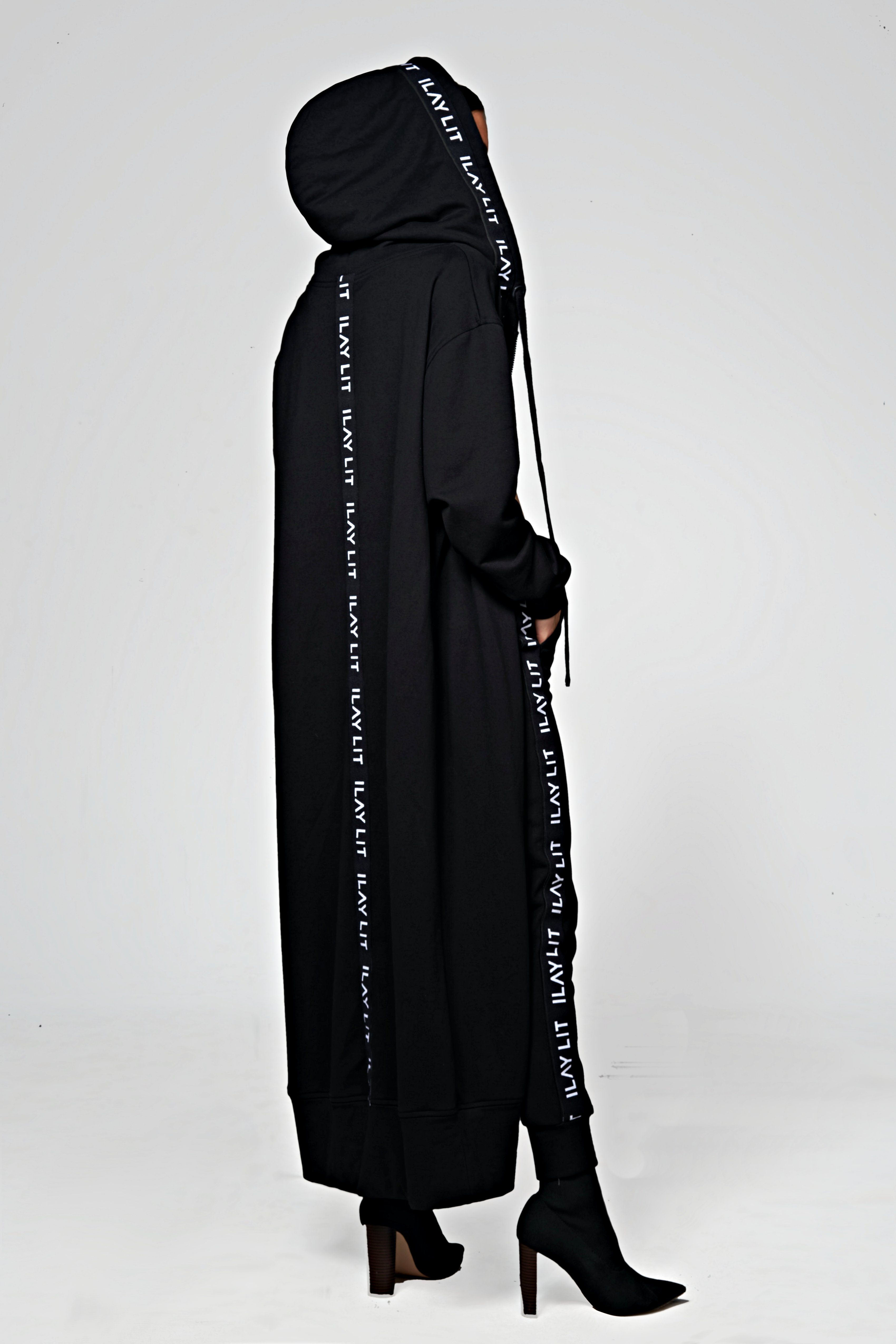 ILAY Lit Kapuzensweatjacke Long Coat-Black-Lässiger Hoodiemantel im Urban Style – Bild 5 von 5