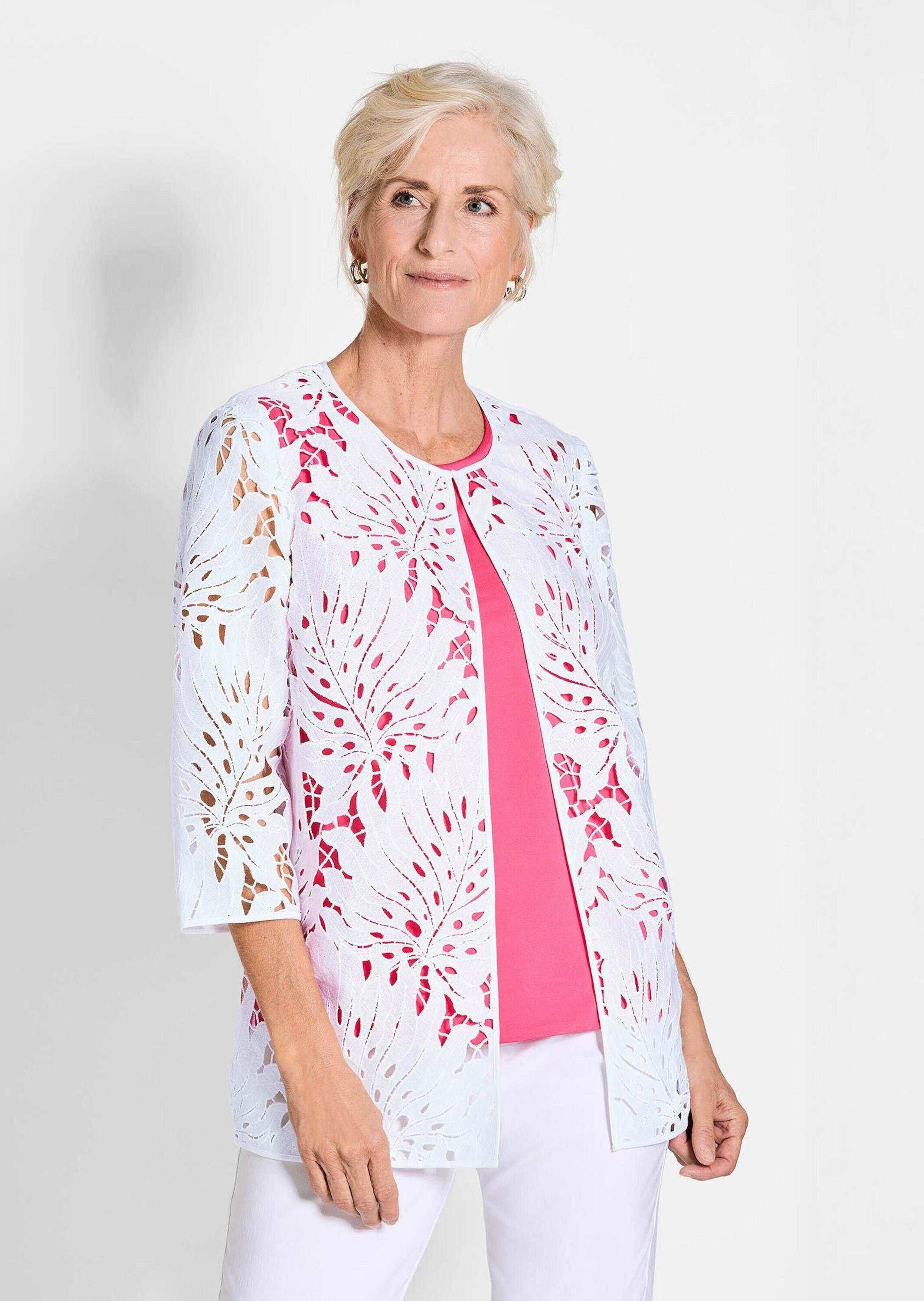 GOLDNER Jerseyblazer Weiße Jacke mit Blätterdessin Figurnahes Damenjäckchen günstig online kaufen