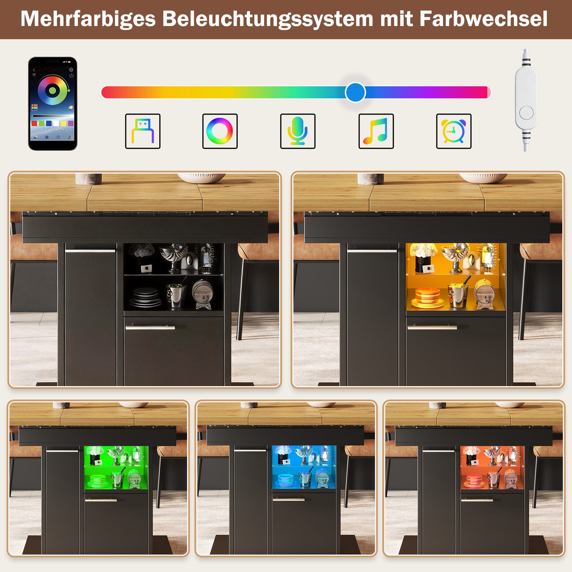 i@home Esstisch Ausziehbarer mit Stauraum & LED-Beleuchtung (Packung Set), platzsparend mit Glasablagen ausziehbar für 4-6 Personen