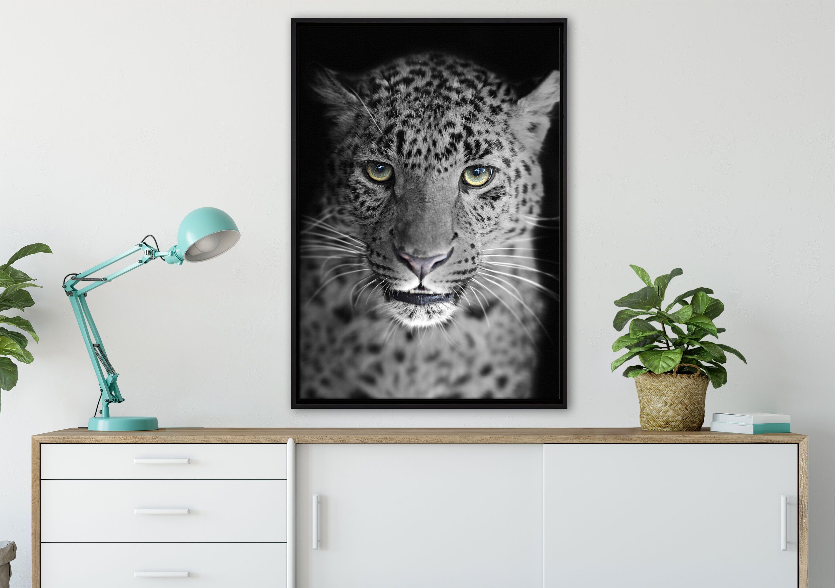 fertig inkl. Zackenaufhänger stolzer Leopard, St), Leinwandbild Pixxprint einem bespannt, gefasst, Wanddekoration Schattenfugen-Bilderrahmen Leinwandbild wunderschöner (1 in