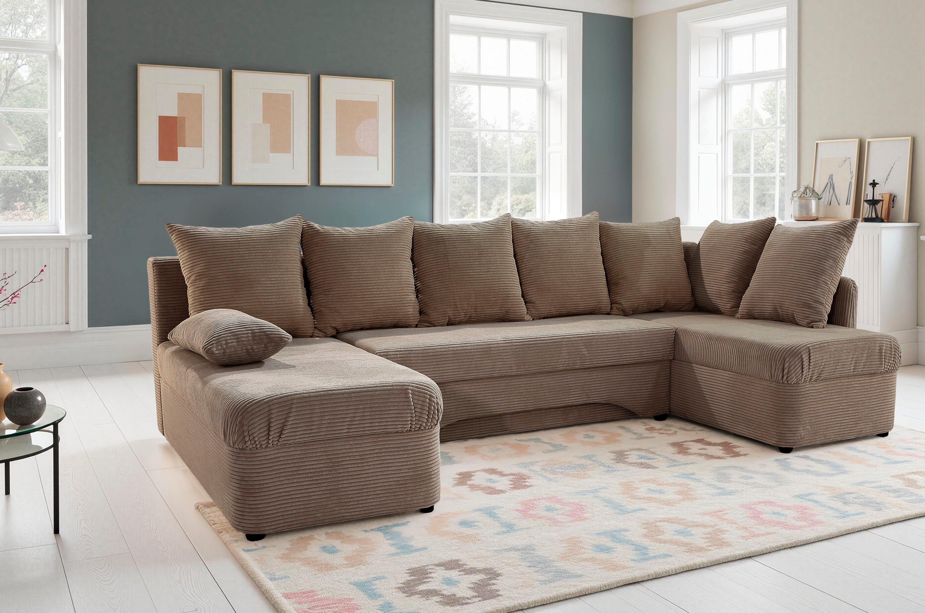 Jockenhöfer Gruppe Wohnlandschaft Arktis U-Form, B: 260 cm, auch in Cord, Sofa mit Bettkasten & Schlaffunktion, zahlreiche Kissen