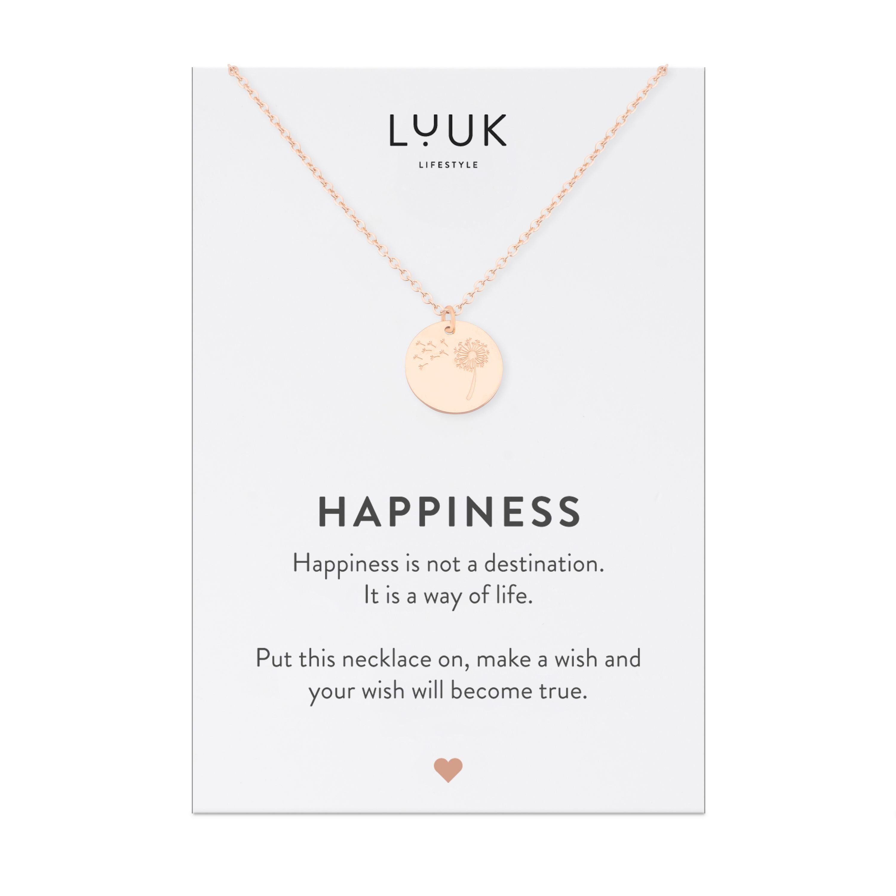 LUUK LIFESTYLE Kette mit Anhänger Pusteblume, Edelstahl, Pusteblume I Löwenzahn Anhänger und HAPPINESS Geschenkkarte, Yogi-Schmuck, Glücksbringer, Freundschaftskette, Zen Symbol der Natur, Geschenkidee, Roségold | Ketten mit Anhänger