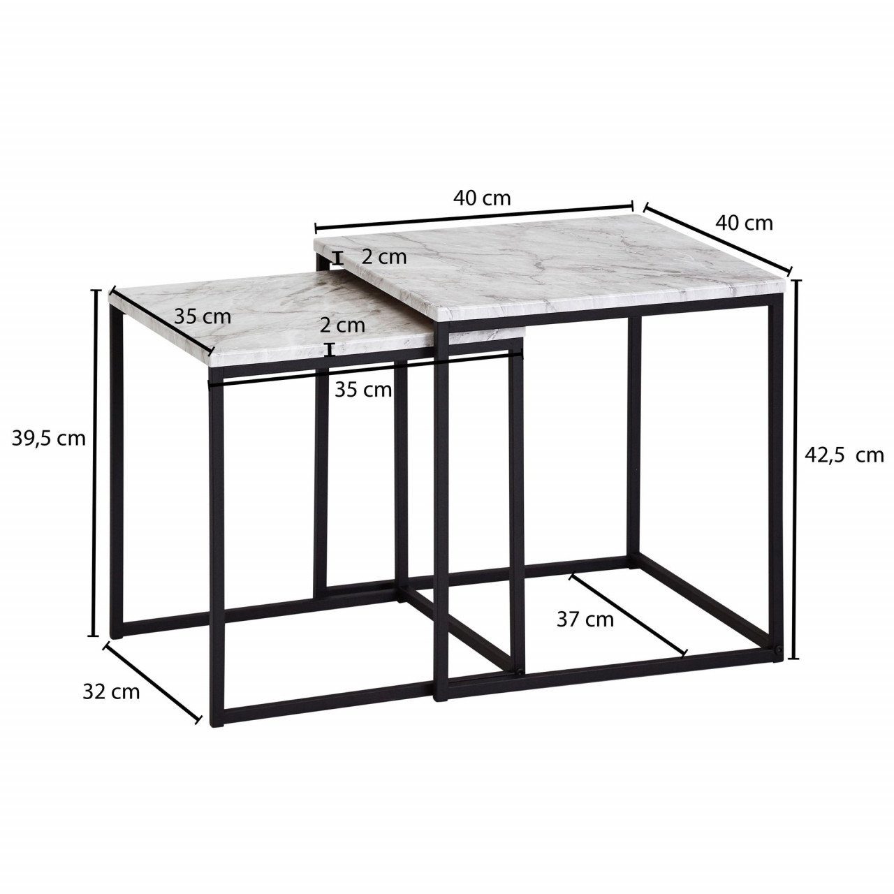 2er furnicato Tischgestell Set Schwarz teilig Design Beistelltisch Weiß, Marmor 2 Optik