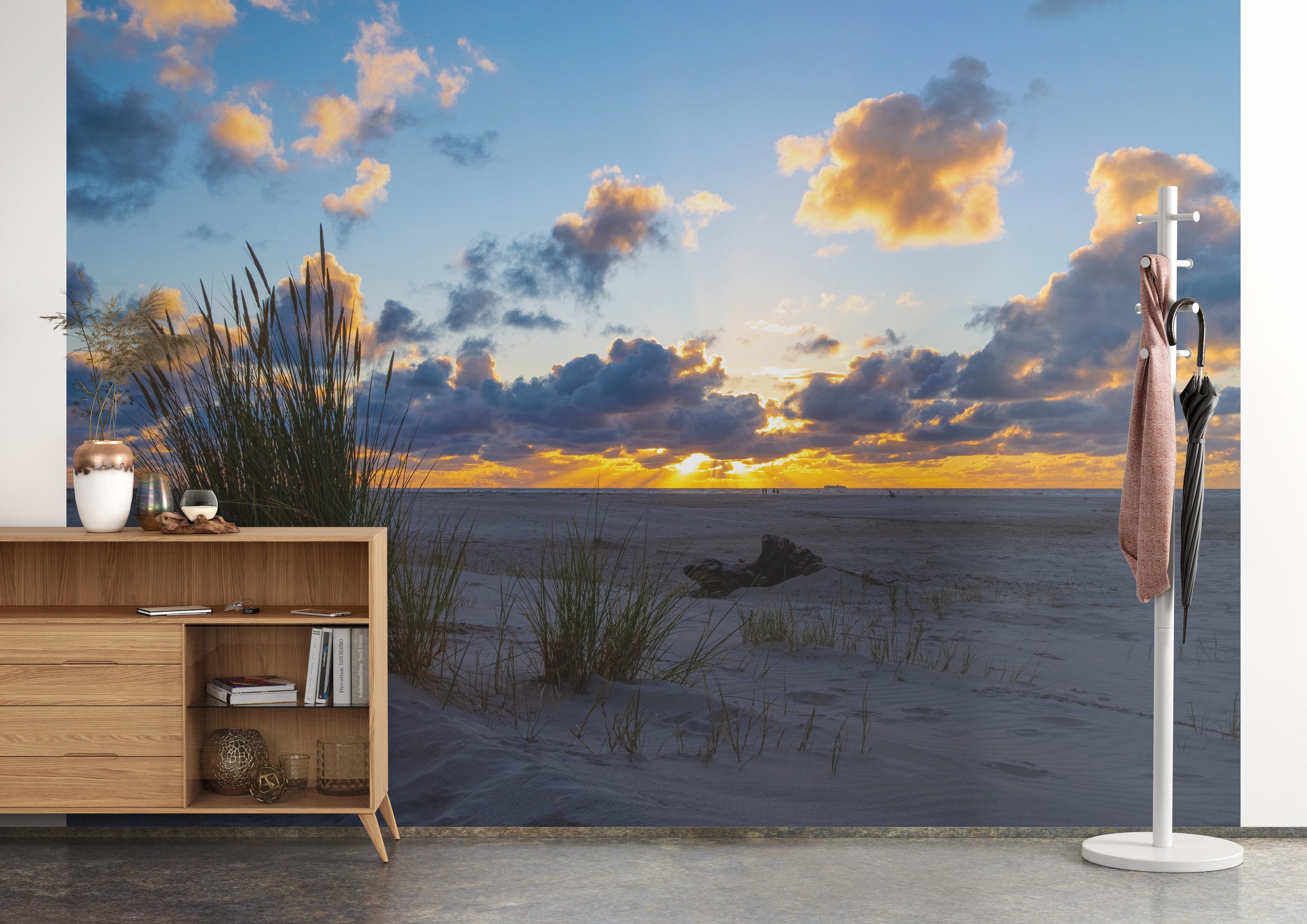 Rasch Fototapete Strand mit Sonnenuntergang - 2,65m x 3,71m, strukturiert, Meer, Natur, Strand, Landschaft, (1 Rolle, 1 St), Dünen