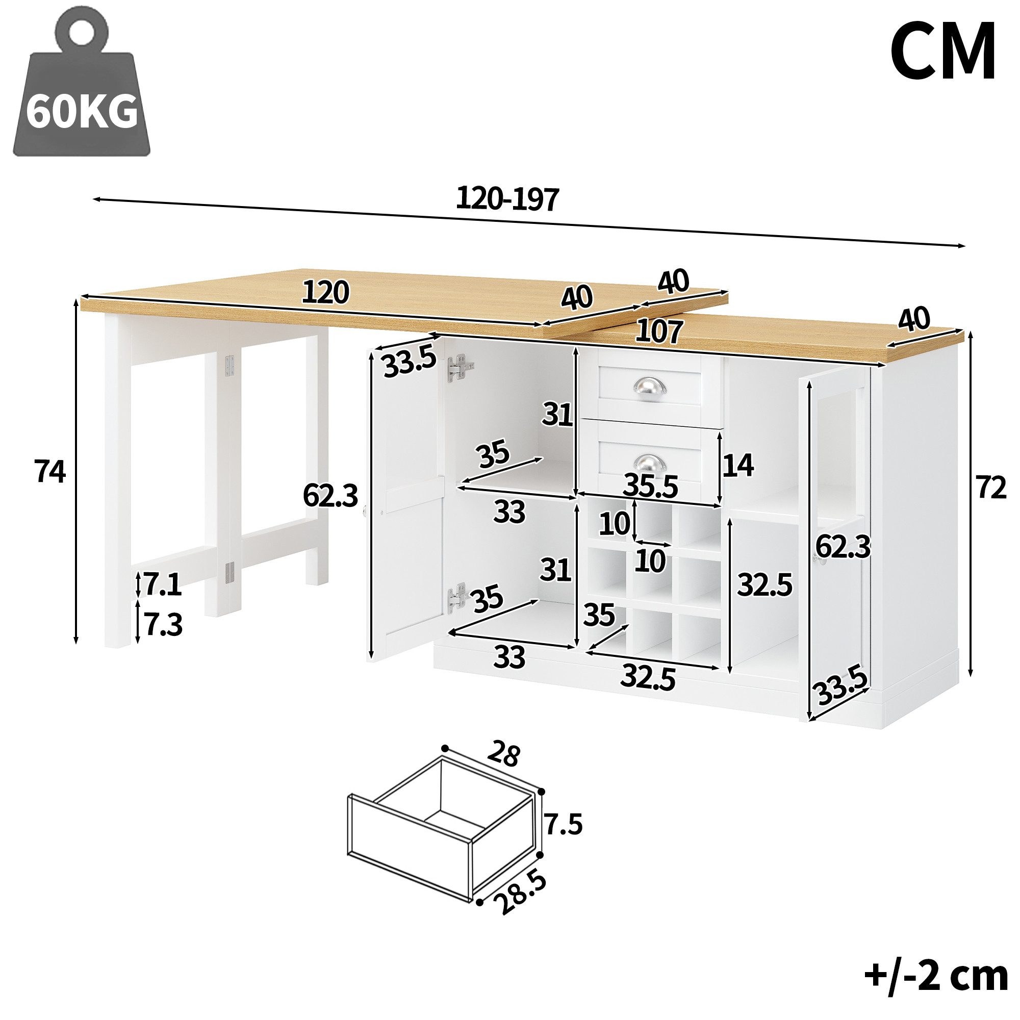 Celya Bartisch Kücheninsel Ausziehbarer Esstisch mit 3-farbiger LED-Beleuchtung (mit Stauraum und Weinregal), Ideal für Esszimmer, Wohnzimmer und Küche