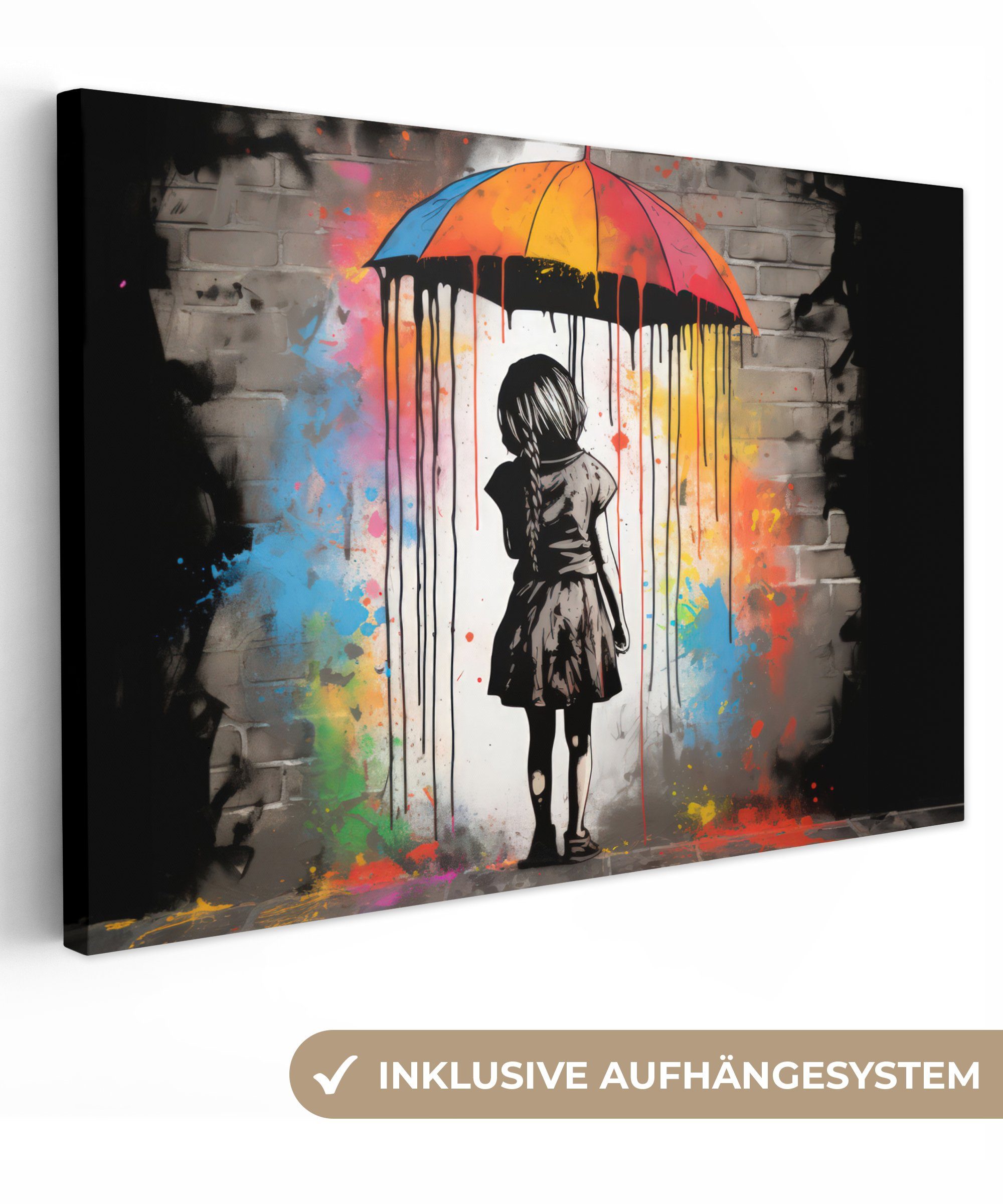 OneMillionCanvasses® Leinwandbild Mädchen - Kunst - Regenschirm - Graffiti - Farben - Wand, Fotodruck (1 St), Leinwand Bilder Klein, Wand Dekoration Aesthetic 30x20 cm