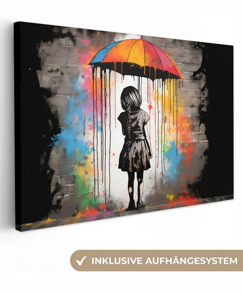 OneMillionCanvasses® Leinwandbild Mädchen - Kunst - Regenschirm - Graffiti - Farben - Wand, (1 St), Wandbild Leinwandbilder, Aufhängefertig, Wanddeko, 30x20 cm