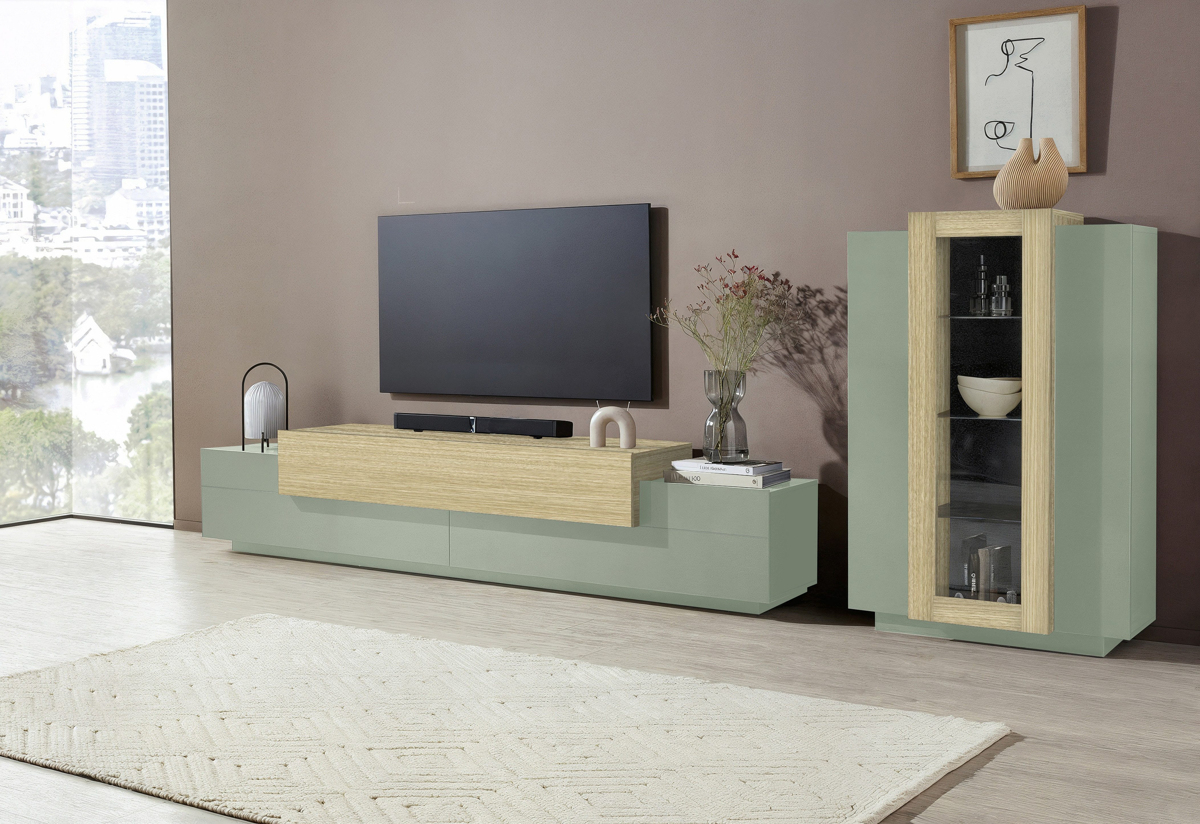 Home affaire Wohnwand Coro, Anbauwand, Medienwand, (Set, 2-St), Lowboard 4 Fächern Breite 200 cm und Vitrine 3 Türen Breite 80 cm