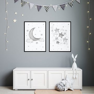 Tigerlino Poster Mond Sterne 2er Set Bilder Kinderzimmer Deko Babyzimmer Wandbilder