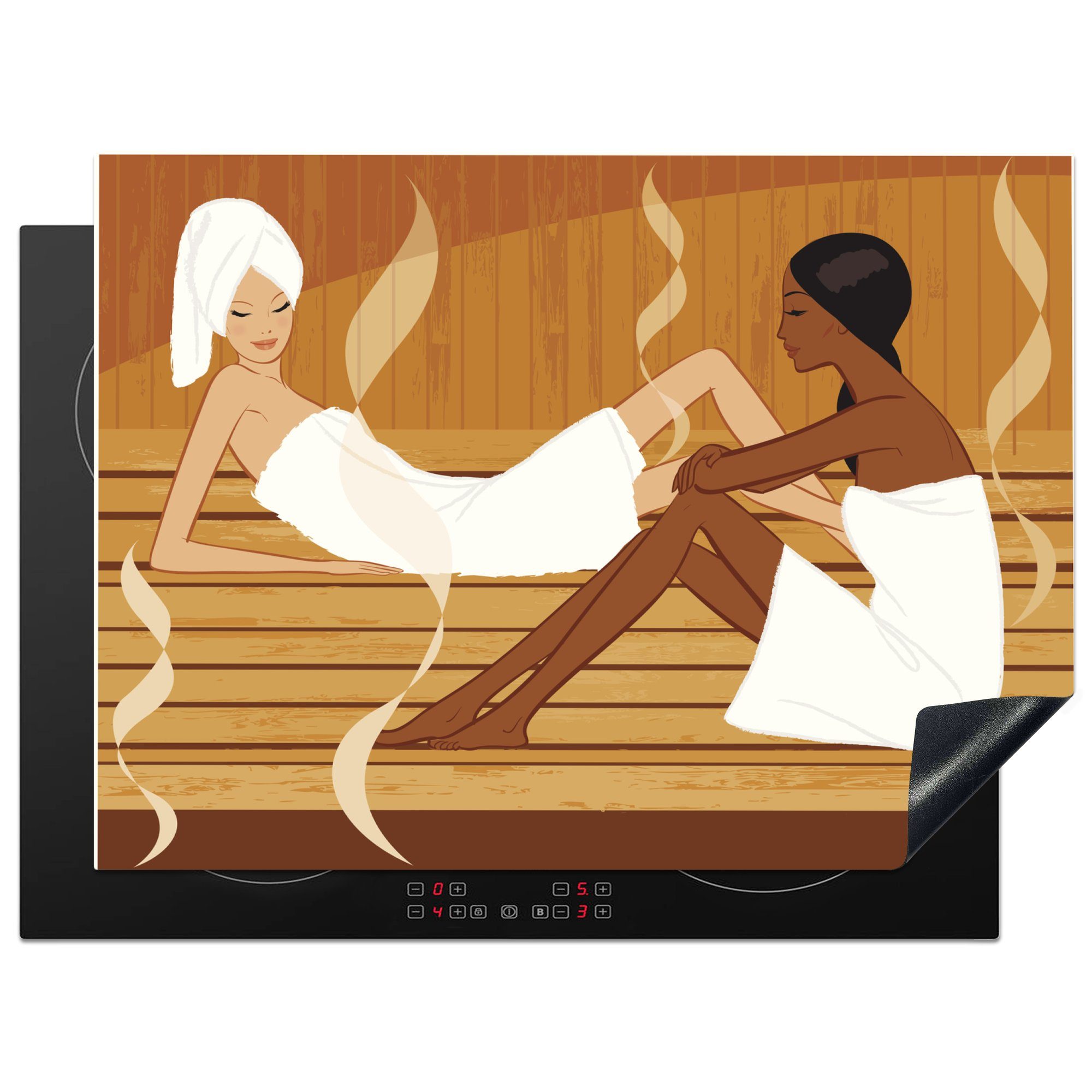 MuchoWow Herdblende-/Abdeckplatte Eine Illustration von zwei Frauen in der Sauna in einem Spa, Vinyl, (1 tlg), 70x52 cm, Mobile Arbeitsfläche nutzbar, Ceranfeldabdeckung