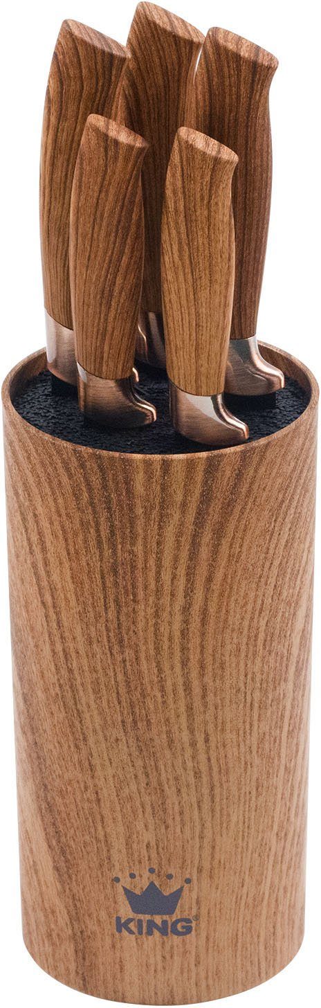 KING Topf-Set Essential 21, Aluminiumguss (Set, 51-tlg., 3Töpfe,5Messer,Messerblock,3Pfannen,Etui,Menü-+Kuchenbesteck,5Schere), Holzoptik, Induktion