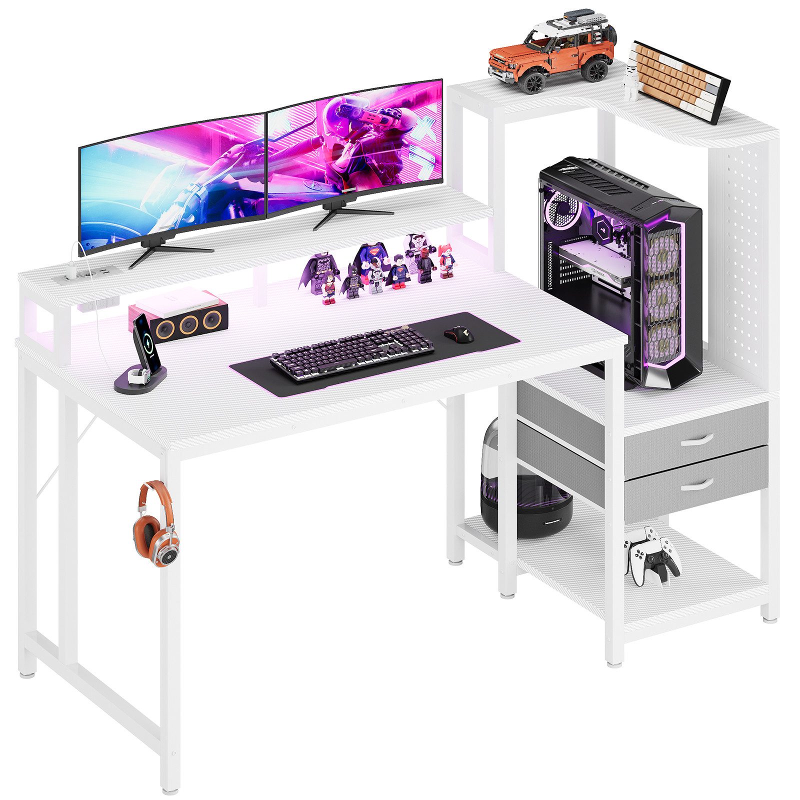 HOMALL Gamingtisch Schreibtisch mit LED-Beleuchtung und Tischplatte aus Karbonfaser (Gaming Schreibtisch 120/140 cm L-Form mit LED-Beleuchtung, Steckdose & USB, Monitorständer, PC-Tower-Halter, 2 Schubladen, Lochplatte, Kopfhörerhalter, Gaming Tisch Schwarz Kohlefaser)