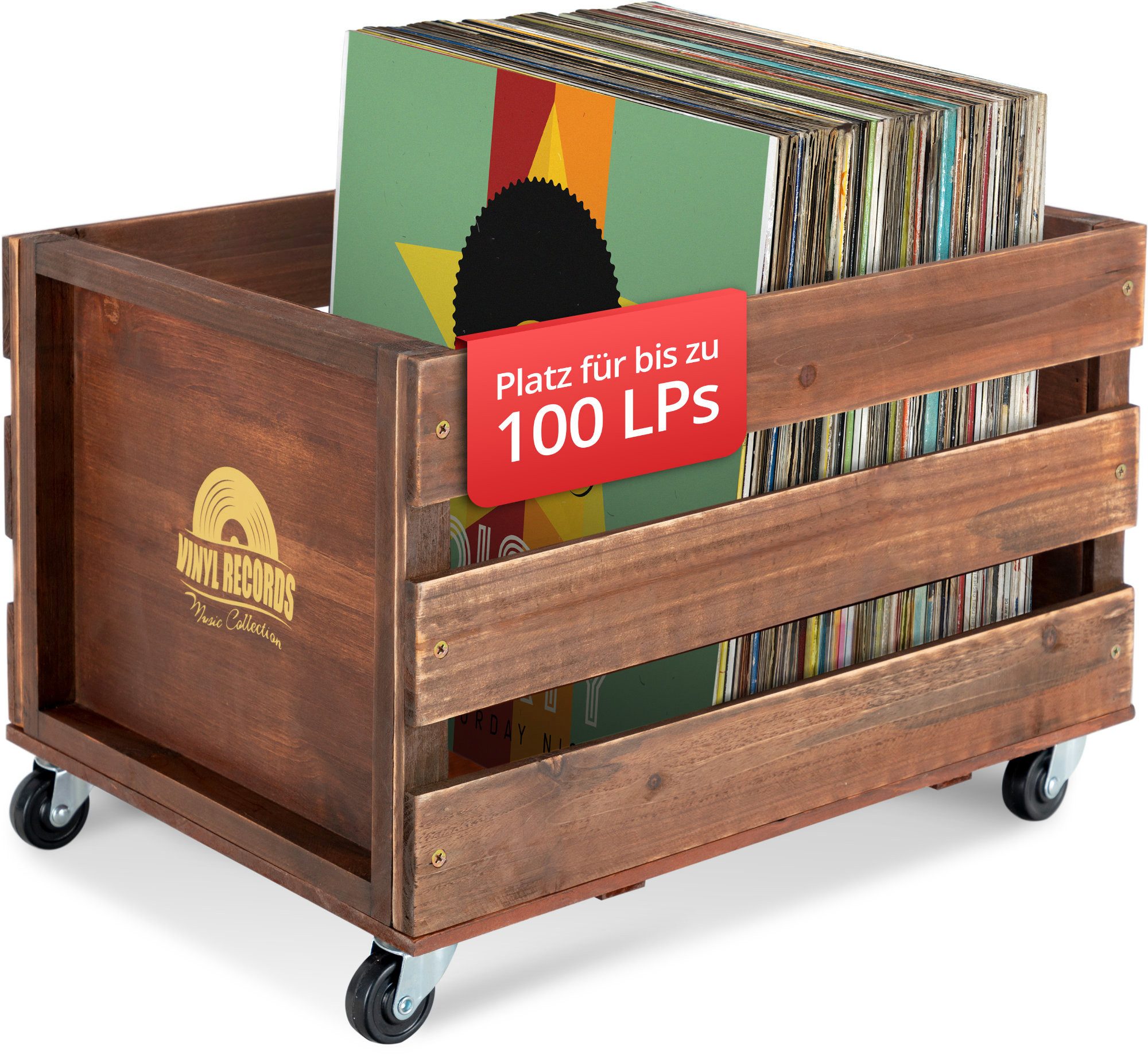 Stagecaptain Holzkiste Emil Schallplattenkiste Holz Braun für bis zu 100 LPs (1 St), für bis zu 100 LPs - aus Vollholz im Retro-Design
