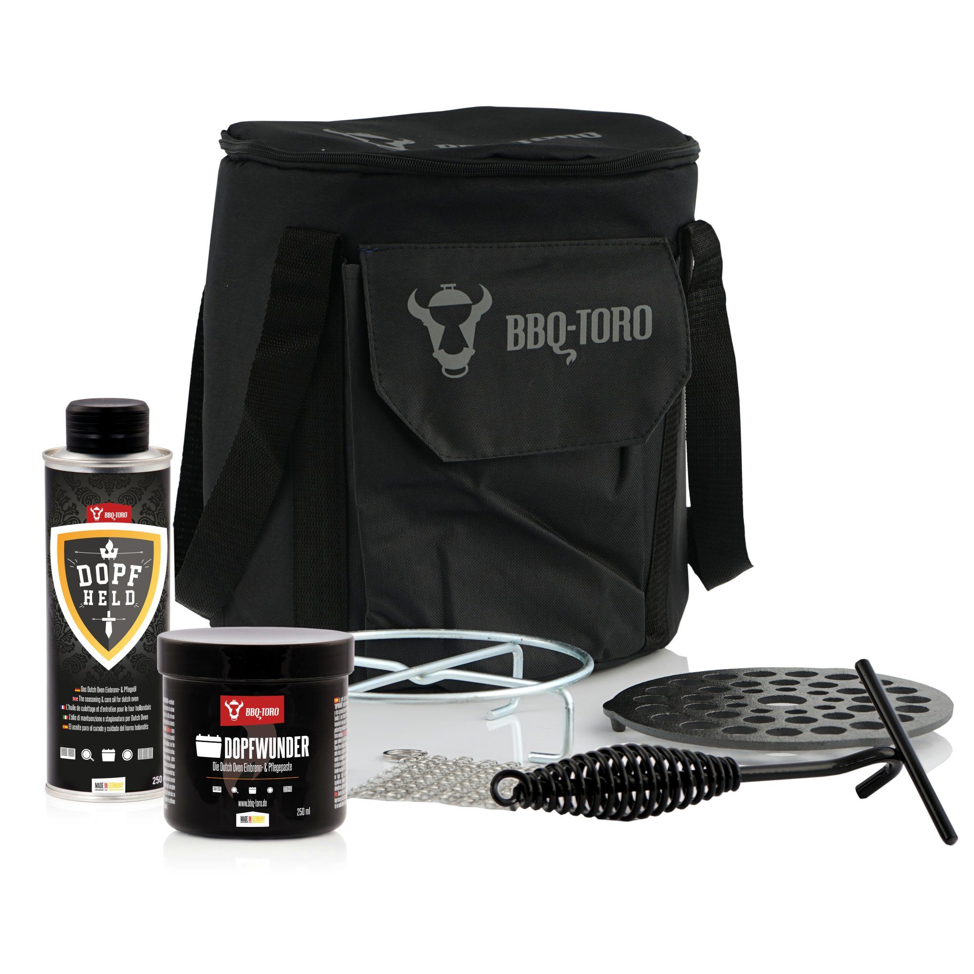 BBQ-Toro Подставка 7-teiliges Zubehör Set für Dutch Oven, mit Tasche, Pflegeöl und mehr