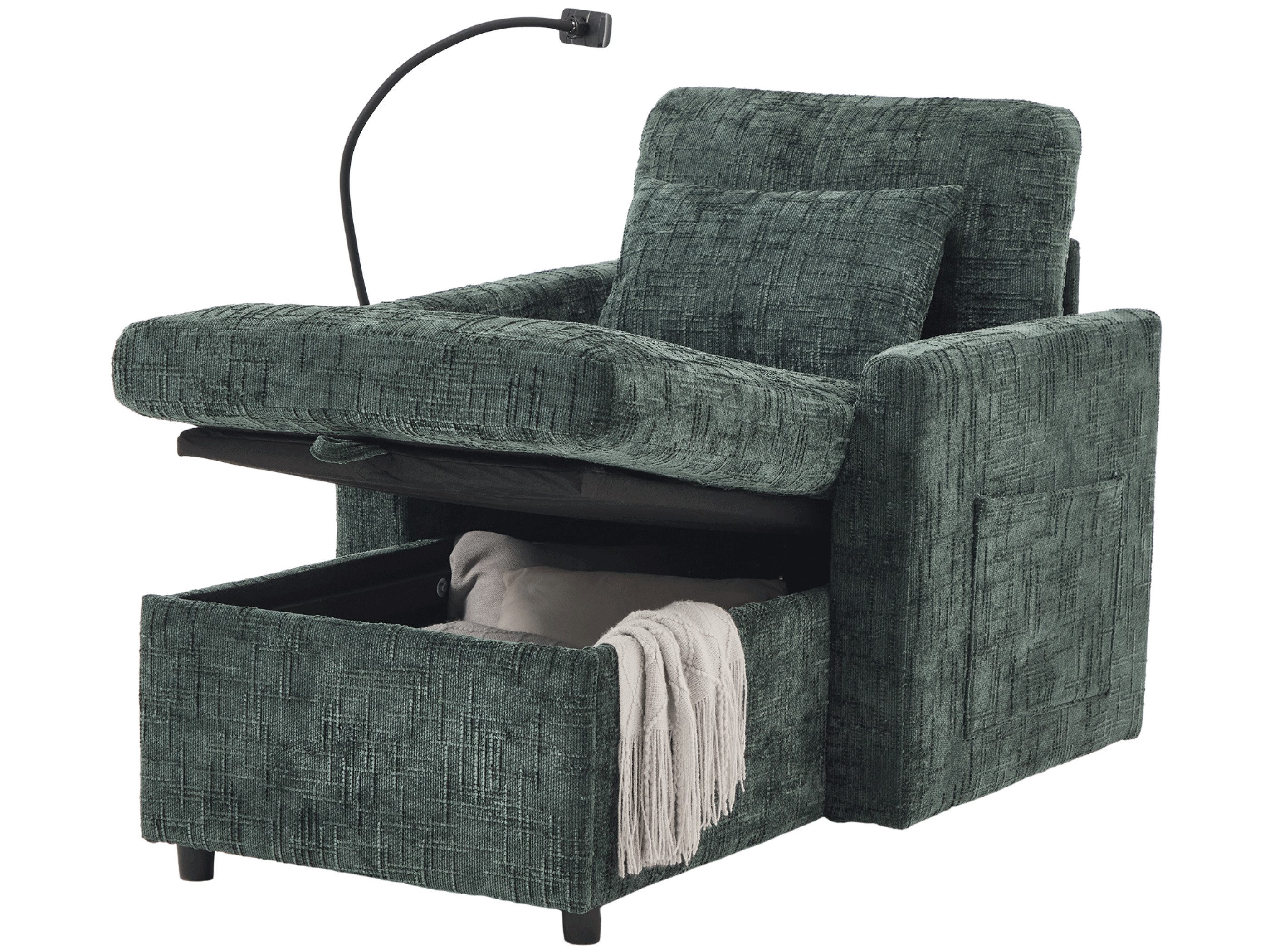 SeedWave Sofa 1 Sitzer Sofa Chenille Relax TV Loungesessel mit Aufbewahrungskasten, Recamiere mit Handyhalterung, Seitentaschen, 2× Kissen