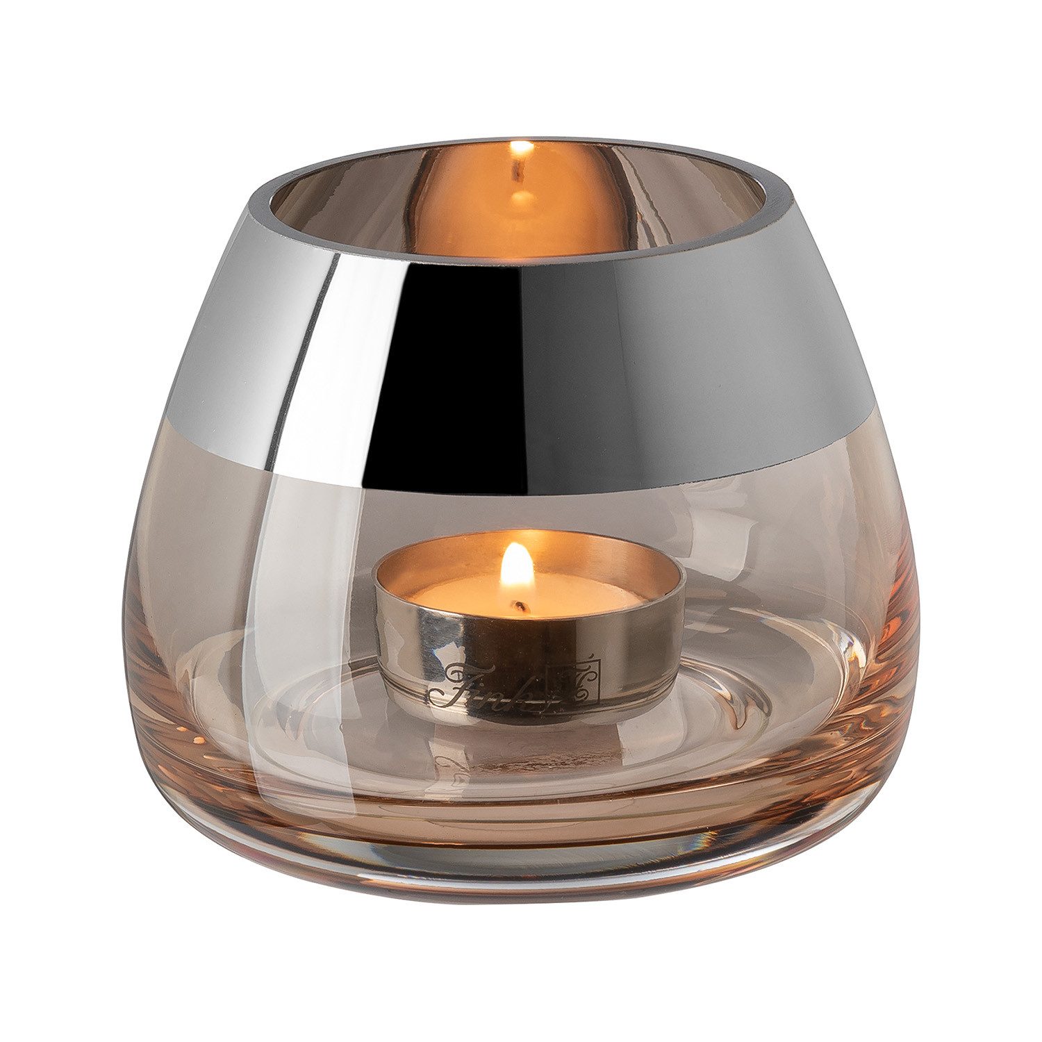Fink Teelichthalter BELLA Teelichthalter - H.8,5cm x D.11cm - Glas - sand/silberfarben (1xWindlicht, 1 St., Leuchte - Geschenk für Frauen), Edles Glas-Windlicht: Kerzenhalter für Stumpenkerzen & Kerzenleuchter
