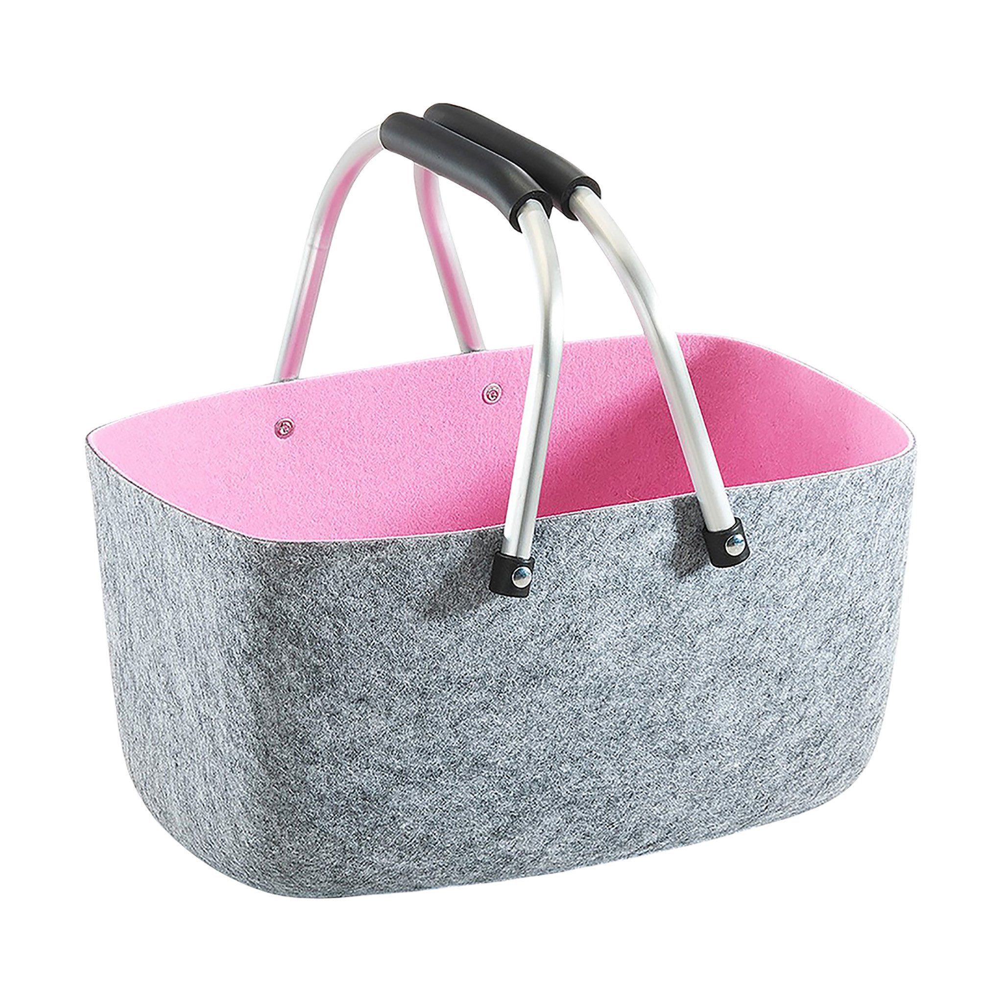 Kobolo Einkaufskorb Filzkorb aussen grau innen rosa mit klappbaren Aluhenke günstig online kaufen