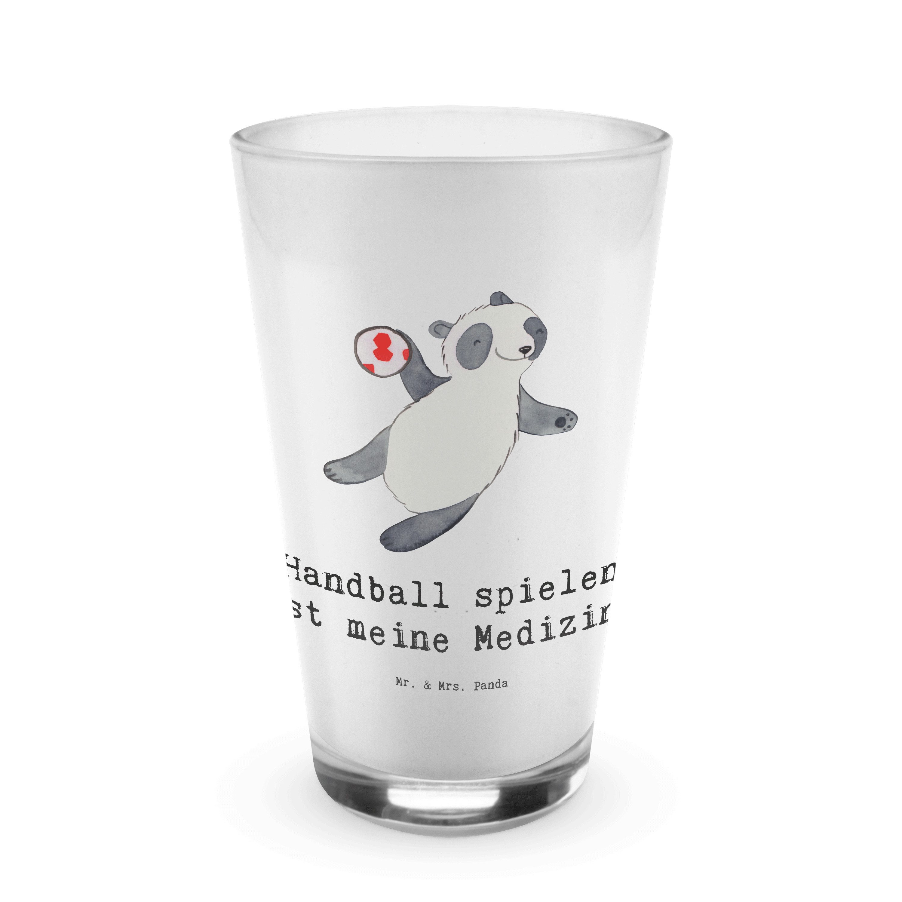 Mr. & Mrs. Panda Glas Panda Handball spielen - Transparent - Geschenk, Danke, Handball Club, Premium Glas, Edles Matt-Design