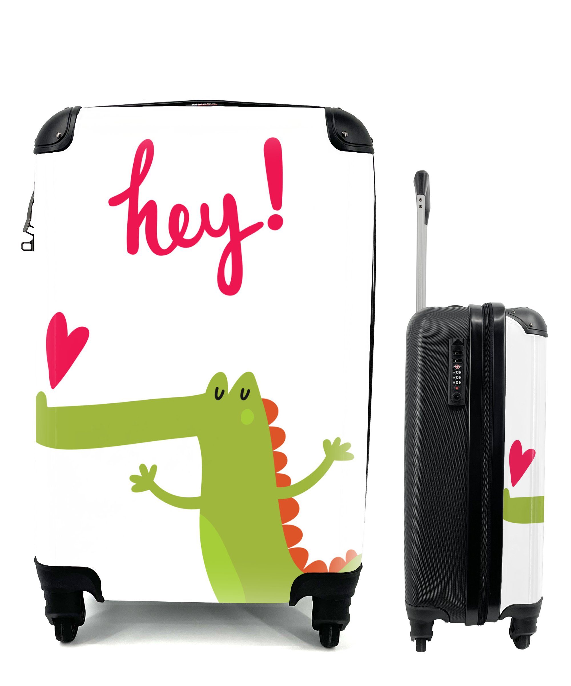 MuchoWow Handgepäckkoffer Illustration eines Krokodils, eines Herzens und des Zitats "Hey!"., 4 Rollen, Reisetasche mit rollen, Handgepäck für Ferien, Trolley, Reisekoffer