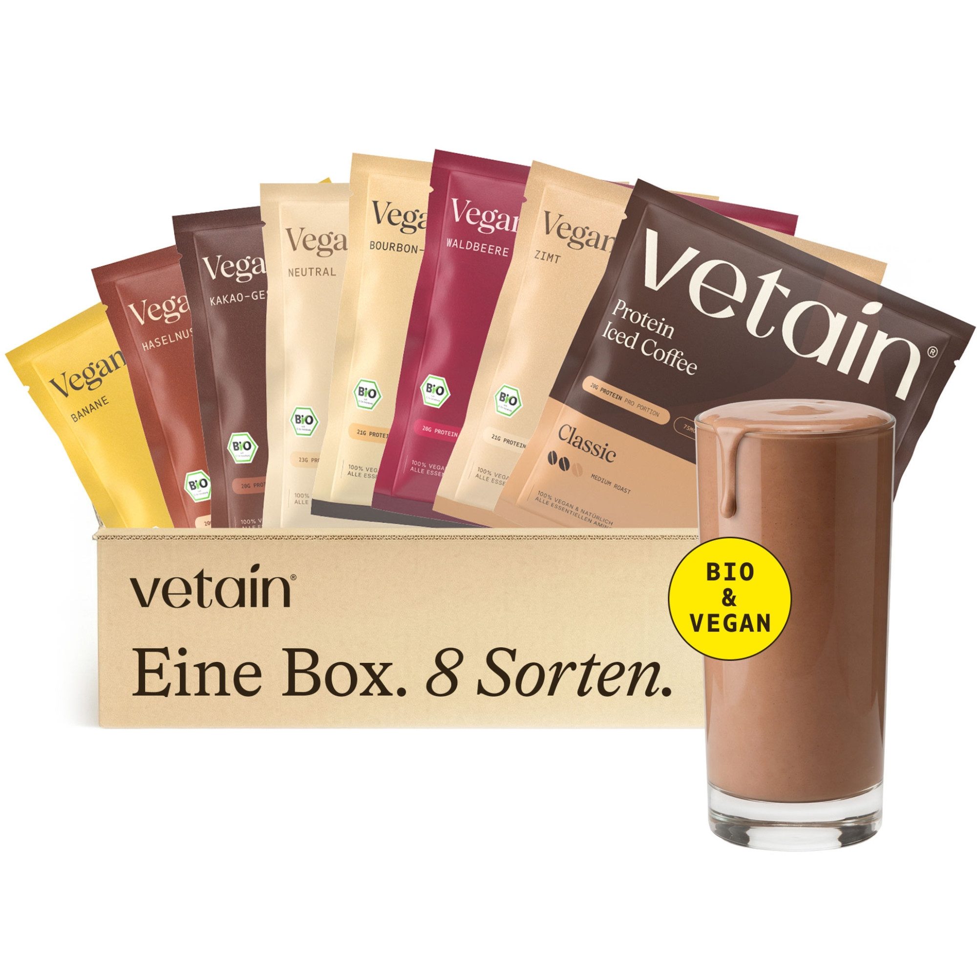 VETAIN Bio Vegan Protein Probierpaket - 8 x 30g - 23g Protein - Pulver, Fermentiert, frei von raffiniertem Zucker & künstlichen Süßstoffen