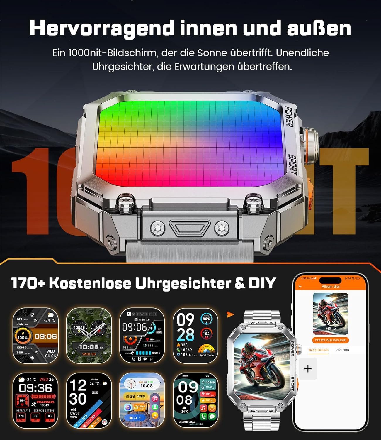 Zevelora Militär 400mAh 100+ Sportmodi 5ATM Wasserdicht mit Telefonfunktion Smartwatch (1.96 Zoll, Android/iOS), mit 3 Bänder 400mAh 100+ Sportmodi Telefonfunktion Metallarmband