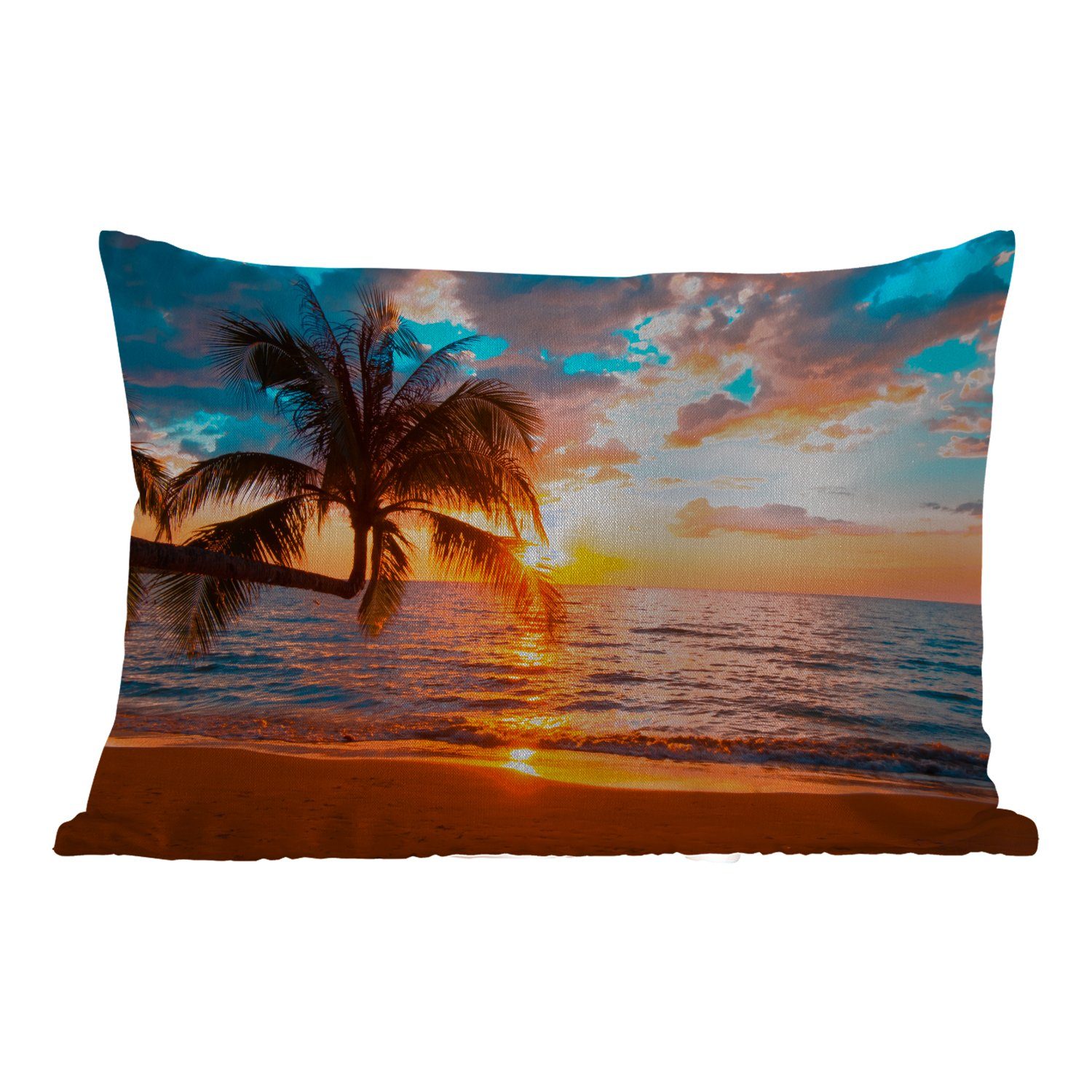Sonnenuntergang Palme Polyester, Tropisch, Kissenhülle Outdoor-Dekorationskissen, - - - MuchoWow Meer Strand - Horizont Dekokissenbezug, - Dekokissen