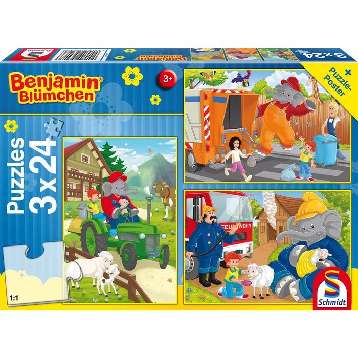 Schmidt Spiele GmbH Puzzle 3 x 24 Teile Kinder Puzzle Benjamin Blümchen In Aktion 56207 24 Puzzleteile