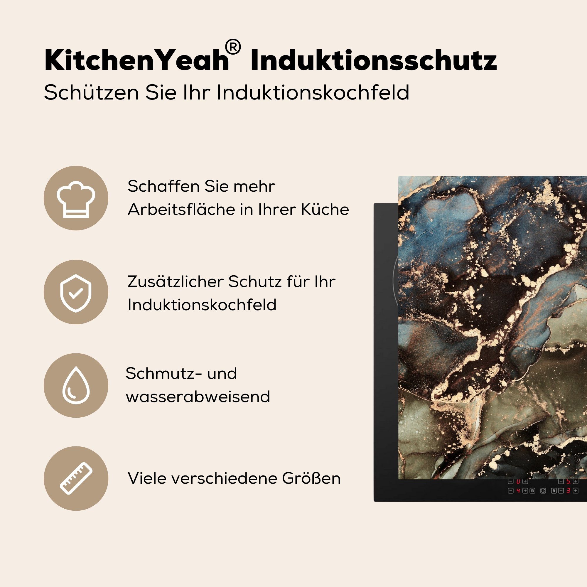 Herdblende-/Abdeckplatte cm, die - MuchoWow 81x52 für Schutz Marmor Vinyl, Grün, Induktionskochfeld Gold küche, (1 Ceranfeldabdeckung - tlg),