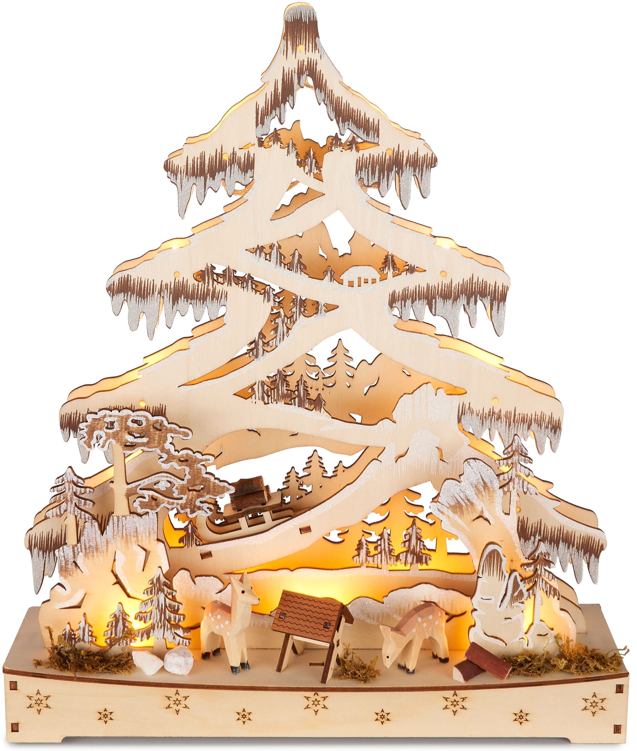 BRUBAKER LED Lichterbogen 3D Schwibbogen - Tannenbaum Wald, Weihnachtsbeleuchtung aus Holz Natur - Handbemalte Figuren