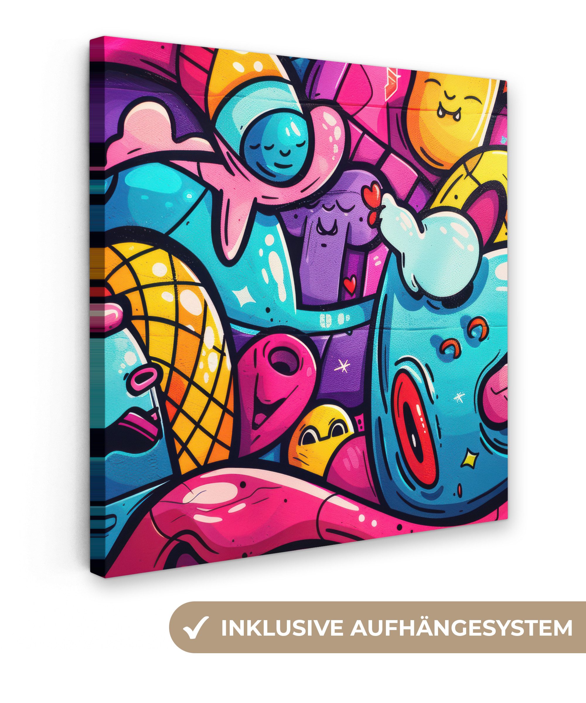 OneMillionCanvasses® Leinwandbild Abstrakt - Neon - Design - Bunt - Graffiti, Fotodruck (1 St), Wandbild, Deko Schlafzimmer Wohnzimmer Flur 20x20 cm