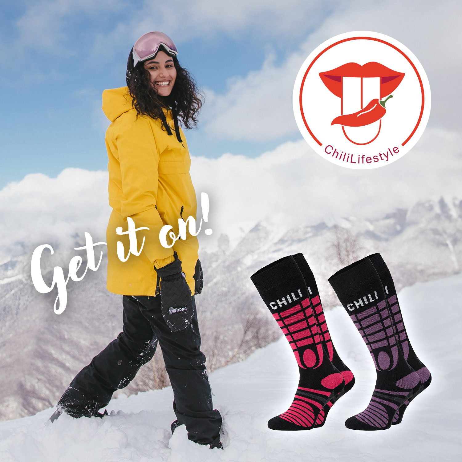 Chili Lifestyle Skisocken SKI THERMO gepolsterte Kniestrümpfe Ski Snowbard Winter aus Baumwolle (Multipack, 4-Paar, 2 Farbdesigns) Weichbund ohne Gummidruck