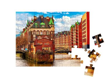puzzleYOU Puzzle Frühling über der Speicherstadt in Hamburg, 48 Puzzleteile, puzzleYOU-Kollektionen Speicherstadt Hamburg