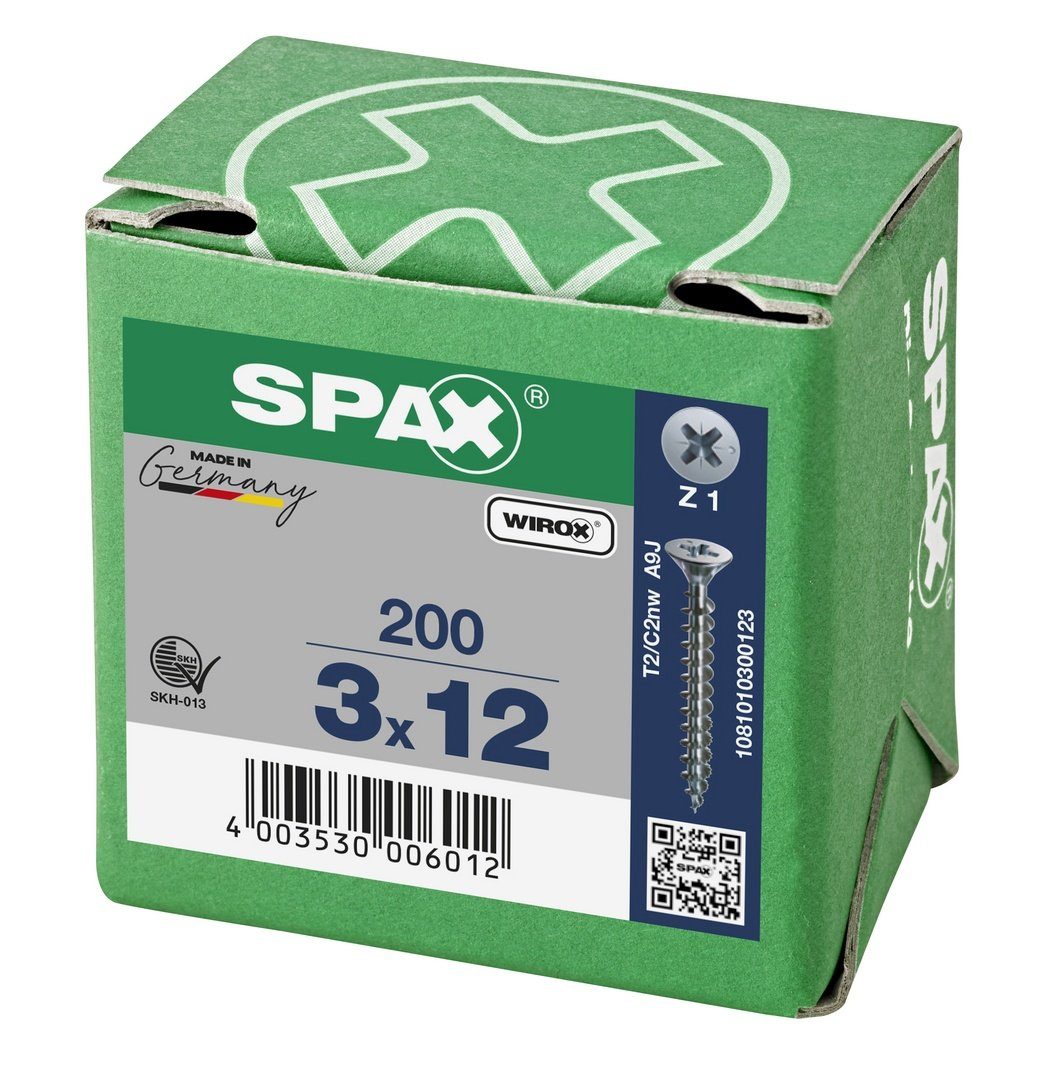 weiß SPAX 200 3x12 verzinkt, Universalschraube, (Stahl St), mm Spanplattenschraube