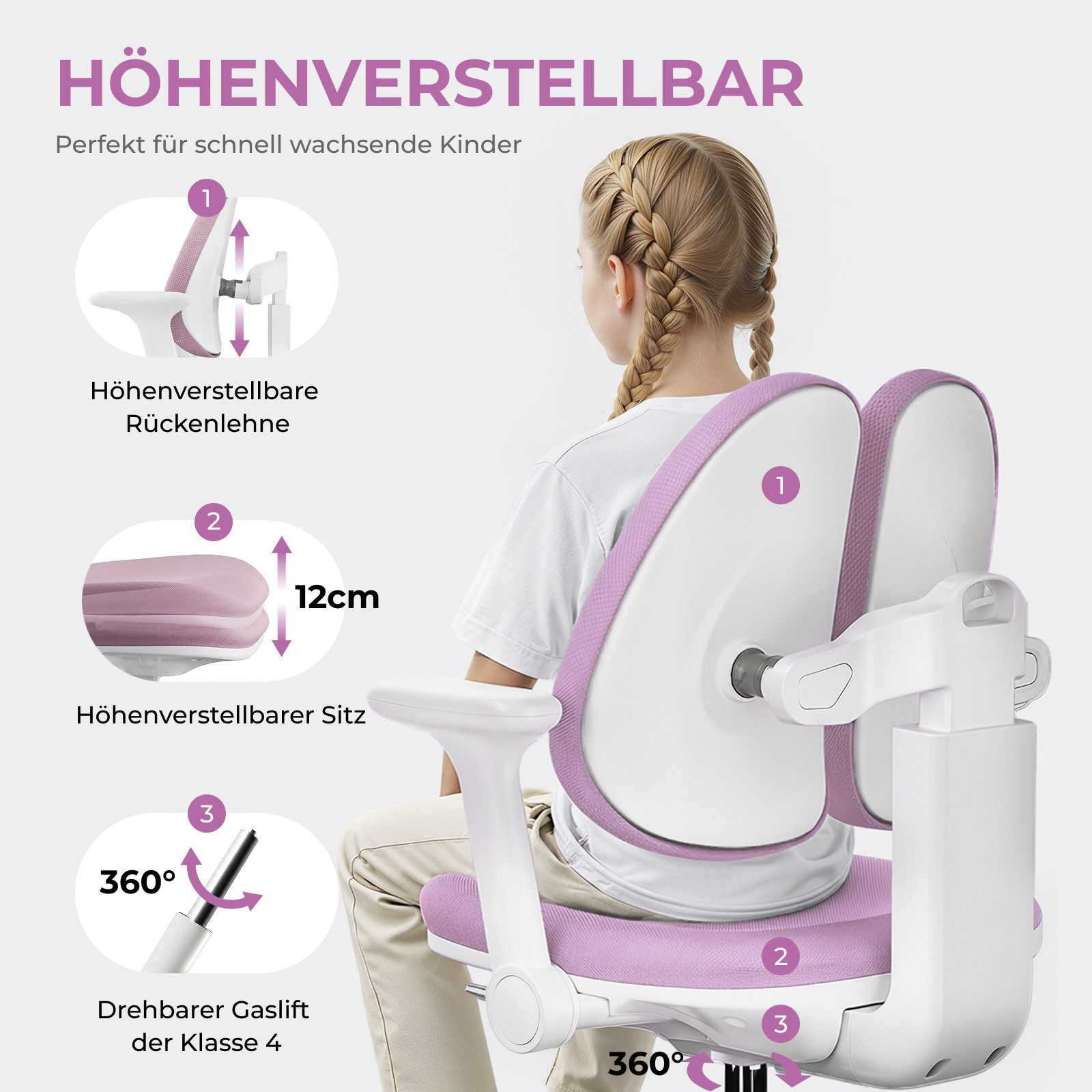 HOKO Kinderstuhl höhenverstellbar für Kinder & Jugendliche (Kinderschreibtischstuhl mit abnehmbarer Fußstütze, Schmetterlingslehne, klappbaren Armlehnen und selbstsperrenden Rollen, 1 St), für ab 6 Jahren, Sitzhöhe 43–54 cm, 10 cm Sitzverstellung, Rosa, ANKE