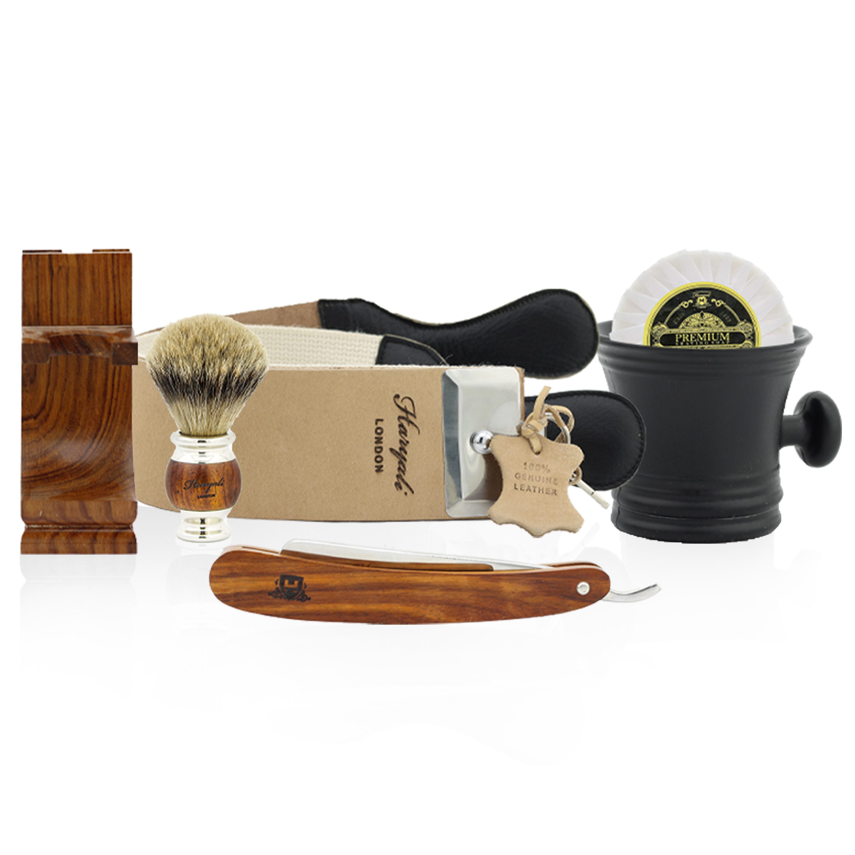 Haryali London Rasierset 6-teiliges Herren Rasierer Rasierpinsel Set mit Holzgriff, 4-tlg.